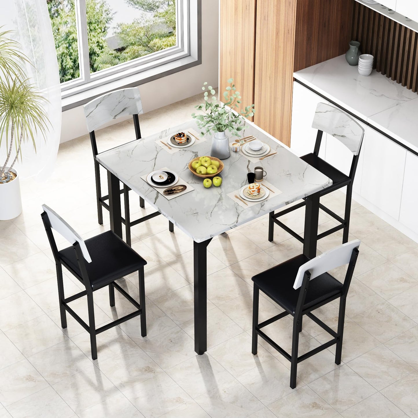 AWQM 5-Piece Dining Table Set, Dining Table Set for 4, Counter Height Table & 4 Bar Stools, Modern Kitchen Dining Set, with Upholstered Chairs, Compact Dining Set for Small Spaces, Marble Texture