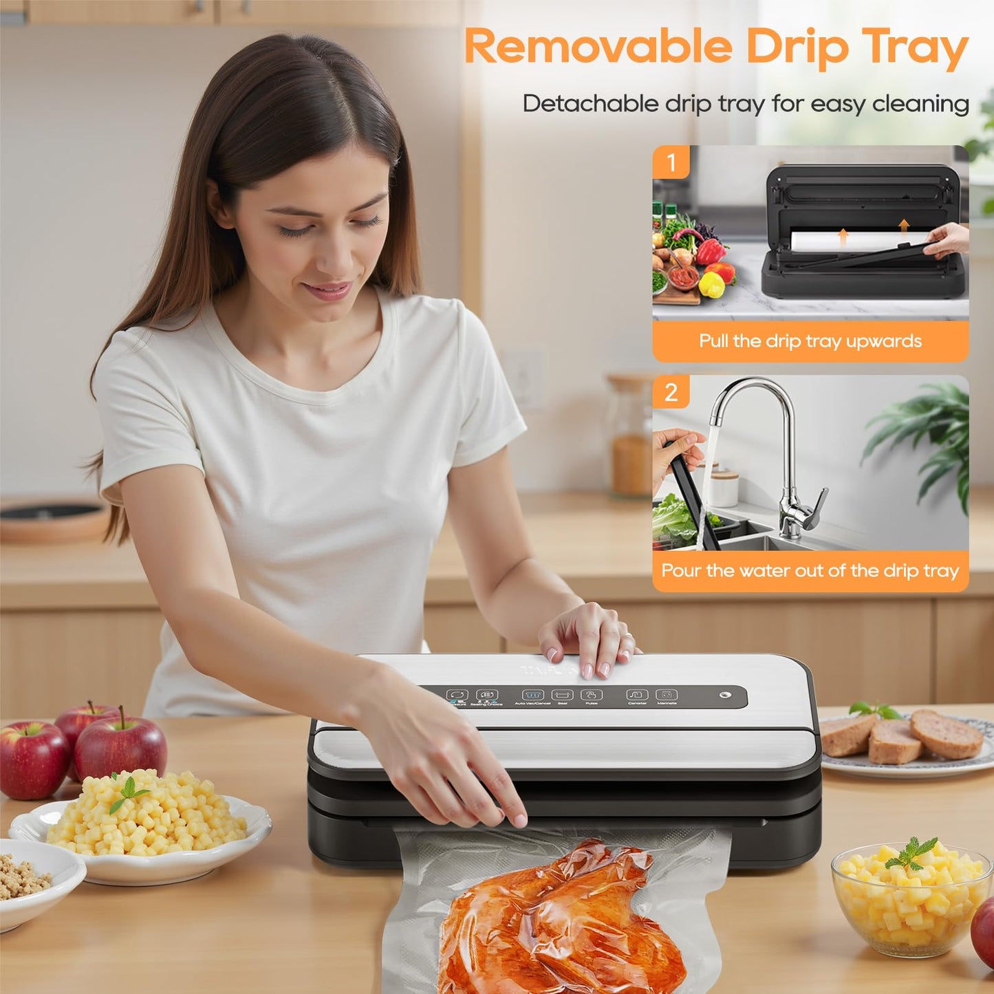 Vacuum Sealer Machine, 90Kpa Food Vacuum Sealer Machine Preservation Dry/Moist/Liquid Modes, LED Indicator Light, Handle Locked Design, Built-in Cutter and Bag Storage, Starter Kit