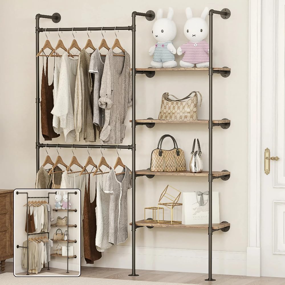 DABILONGC Industrial Pipe Clothing Rack, Heavy Duty Adjustable Garment Hanger with Shelves, 2 Installation Methods Closet Storage System for Wardrobe Organization (Black, 80" H x 55" W)