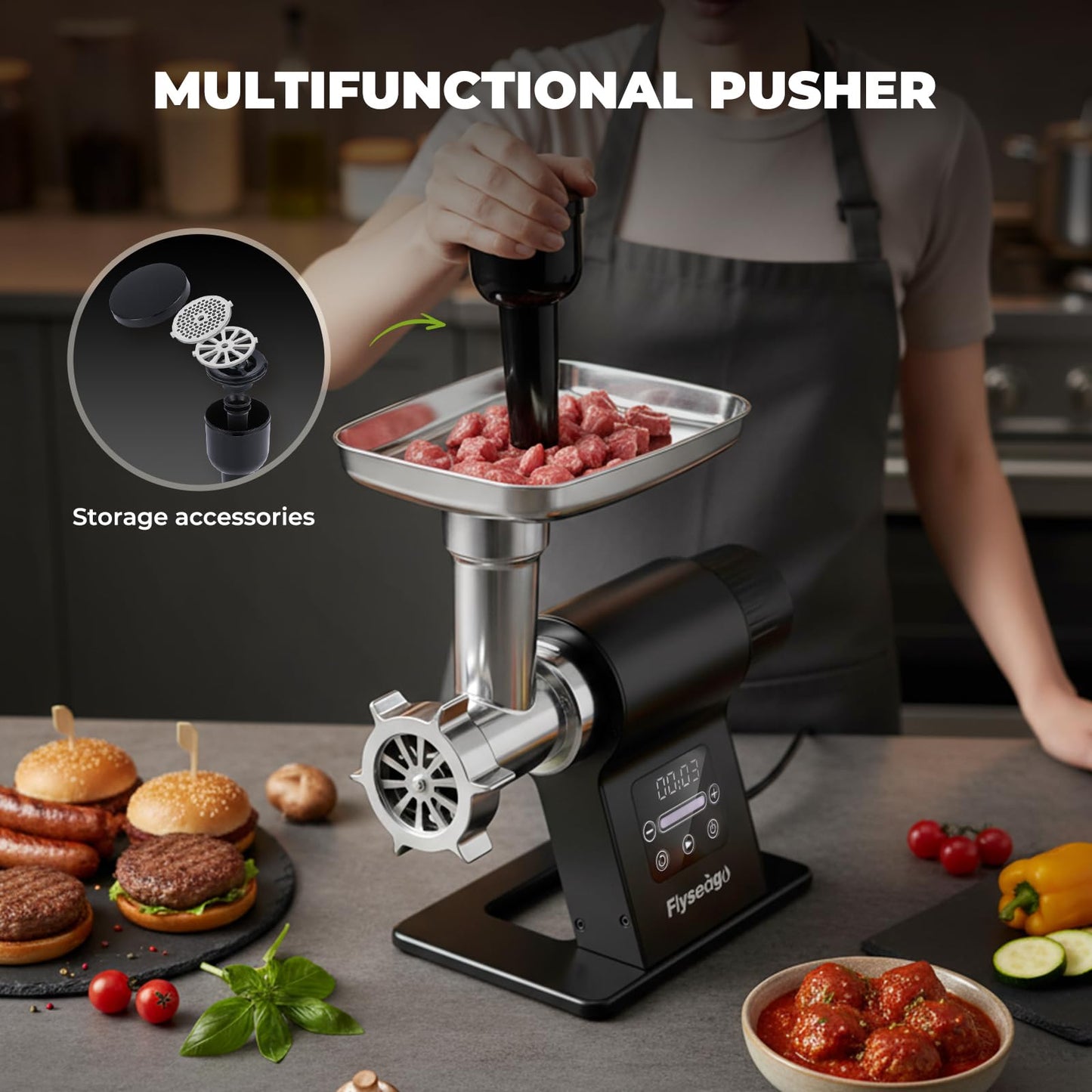 Flyseago Meat Grinder Electric 3200w Commercial Touch LCD Screen Heavy Duty Metal Gearbox Meat Grinder with Timing and Sausage Stuffers, Kubbe Kit for Household Use & Commercial