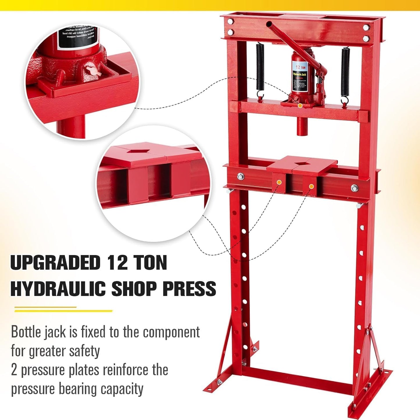 12-Ton H-Frame Hydraulic Press with Adjustable Table & 2 Press Plates, Heavy-Duty Shop Press for u-Joints, Metal Bending, and Garage Repairs