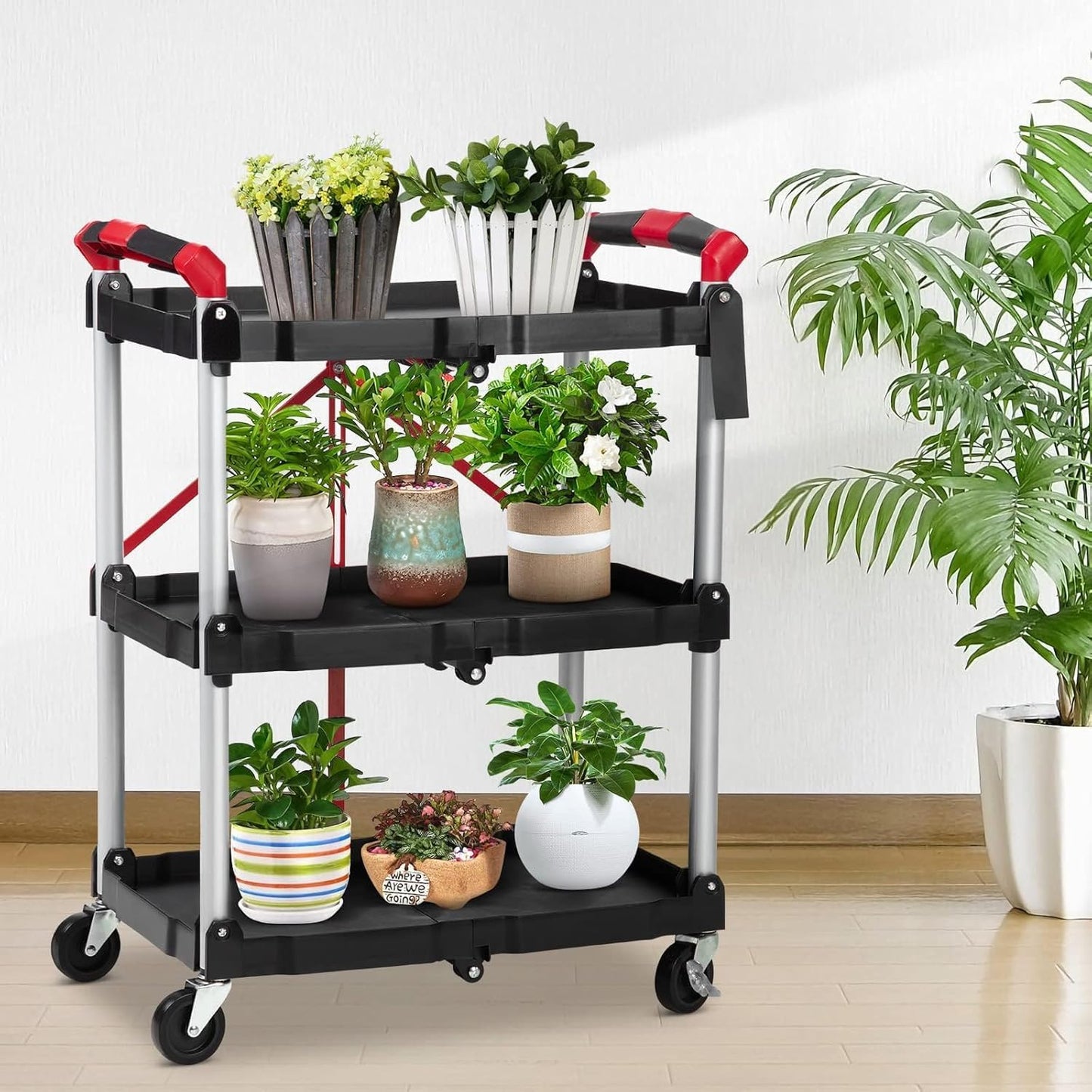 3 Tier Rolling Cart, 167 Lbs Foldable Utility Service Cart, Portable Utility Cart with Lockable Universal Wheels, No Installation Required, Suitable for Warehouse, Garden, Office, Kitchen