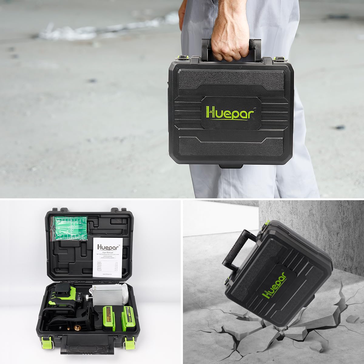 Huepar Laser Level, Self-leveling 16 Lines Green Beam 4D Cross Line Tiling Floor Laser Tool-2 x 360 Horizontal & 2 x 360 Vertical Laser Lines with Two Li-ion Batteries and Hard Carry Case-LS04CG