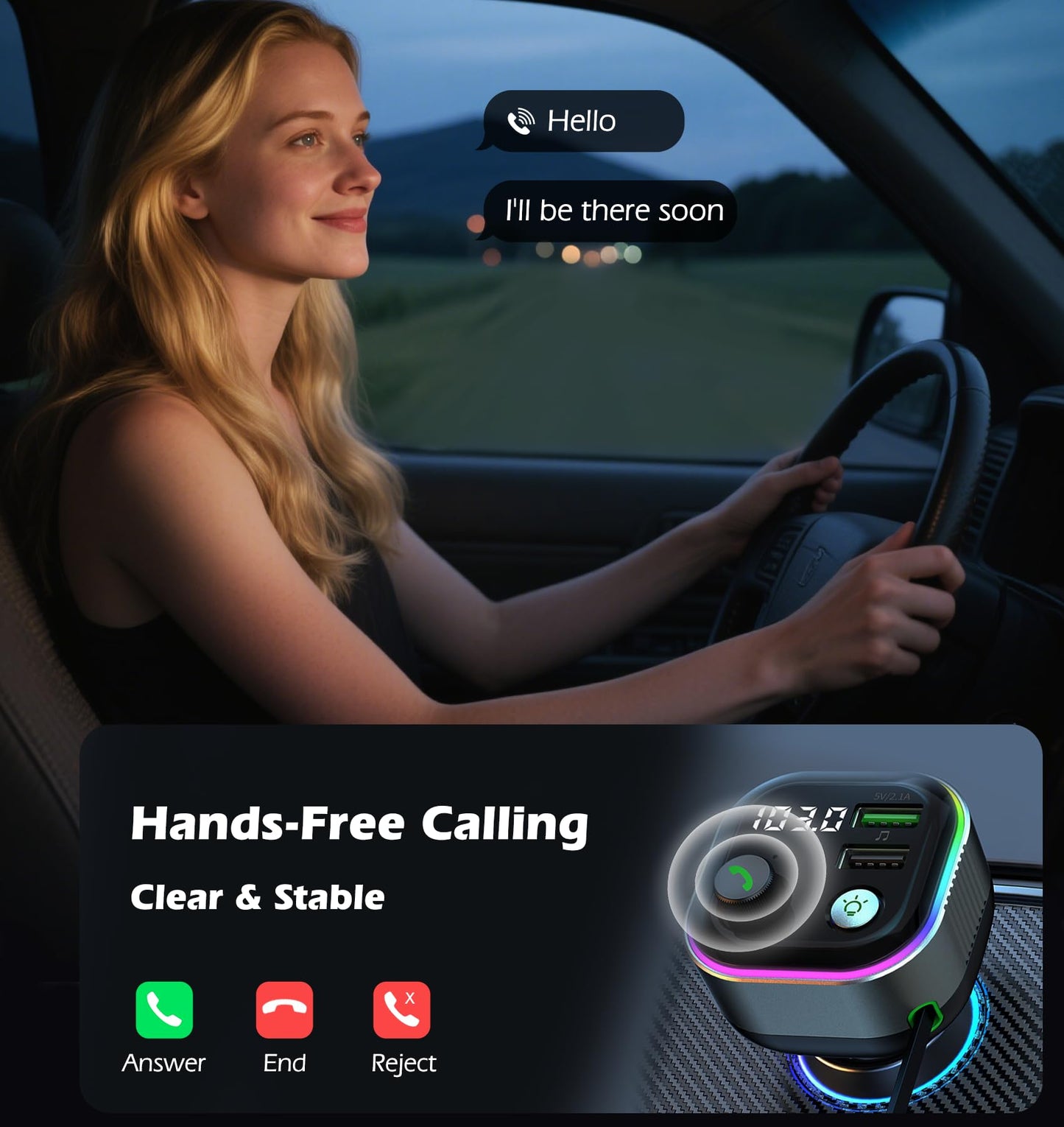 LIHAN Bluetooth 5.4 Car Adapter, Transmitter for FM Radio,65W Retractable USB C Fast Car Charger, Wireless Audio Hands Free Calling & MP3 Music Player, HiFi Bass Support USB Drive