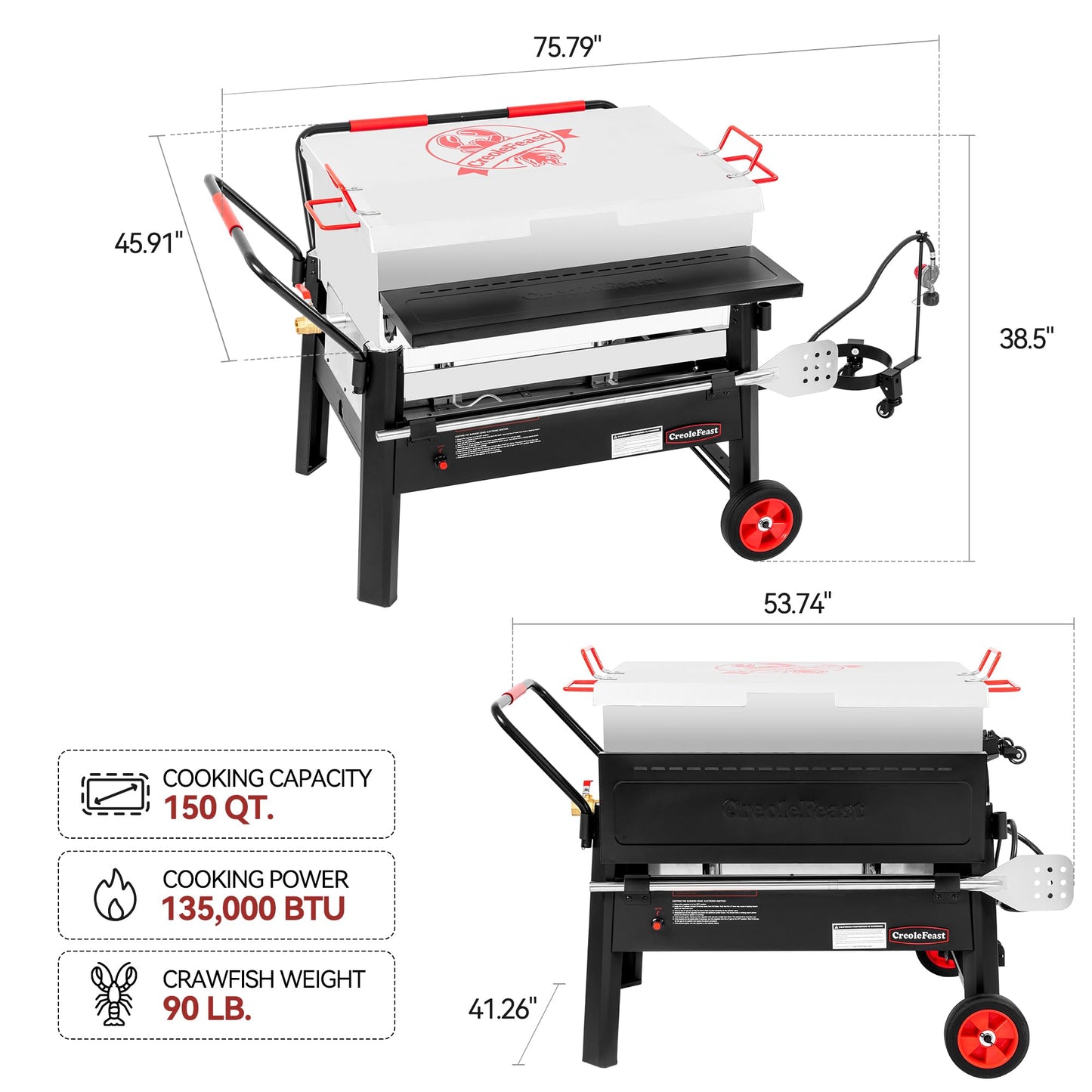 Creole Feast CFB2001 150 QT Crawfish Boiler, Outdoor Double Sack Propane Gas Crawfish Cooker with Foldable Cylinder Mounting Bracket and Stirring Paddle for Seafood & Crawfish Season, Black