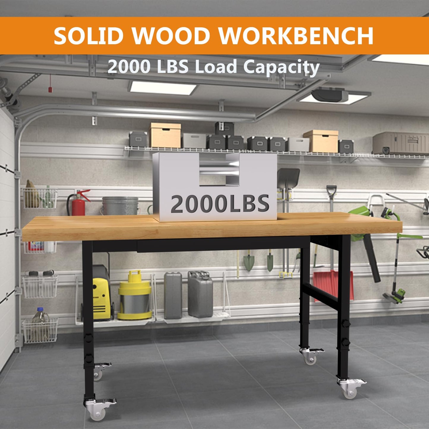 Pelnuies 60" Heavy-Duty Solid Wood Work Bench with Drawers, Adjustable Height Workbench with Wheels, 2000 LBS Capacity Work Table with Power Outlets for Garage, Workshop(60" X 24")