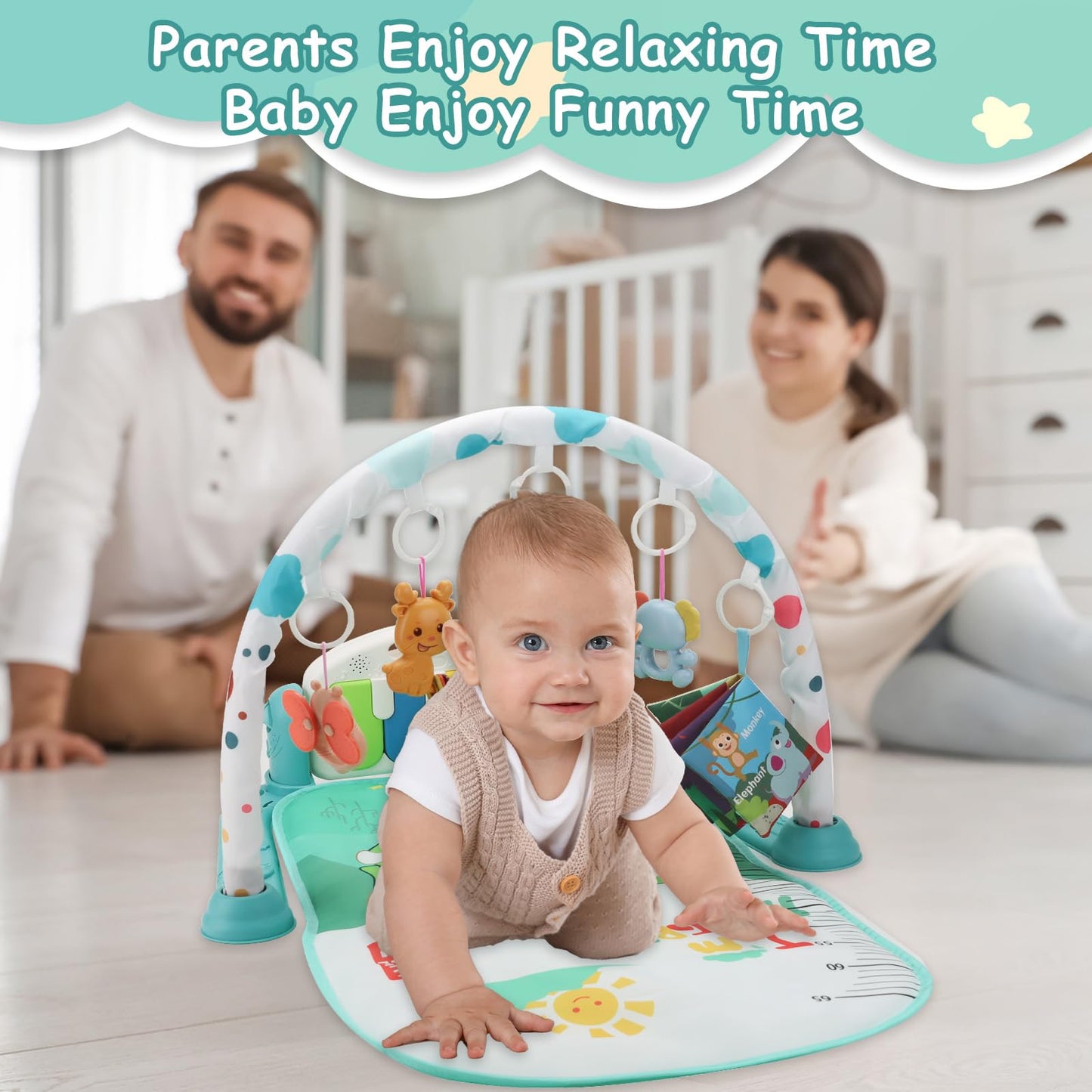 BOMPOW Baby Play Gym Mat, Play Activity Mat with Music and Lights, Piano Gym, Early Development Baby Gift for Babies Newborn Tummy Time Play Mat