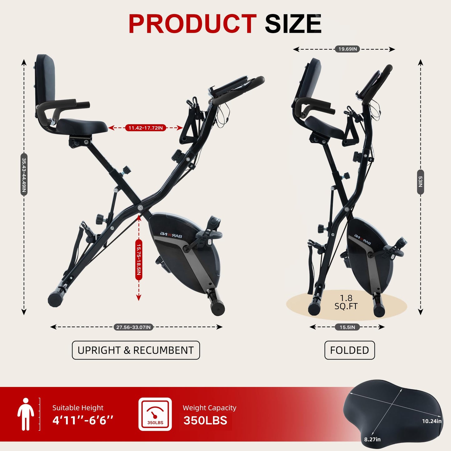 BARWING Stationary Exercise Bike for Home with App,5 IN 1 Foldable Indoor Cycling Bike for Seniors, 350LB Capacity, 6.6 LBS Flywheel，16-Level Magnetic Resistance, Seat Backrest Adjustments