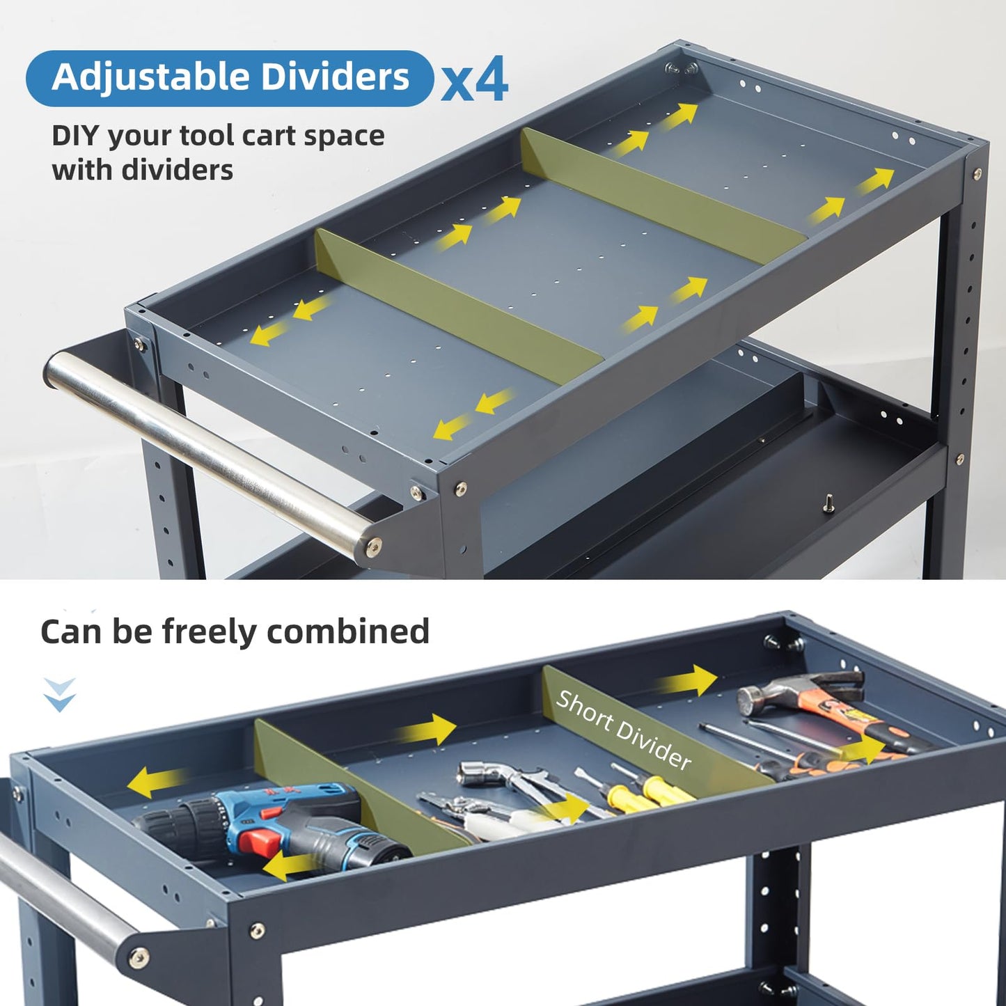 Mechanics Cart, 500 lbs Capacity, 31.5"x29"x15", Rolling Tool Cart with 4 Dividers, Mesh Panels & Hanging Tray for Garage & Jobsite