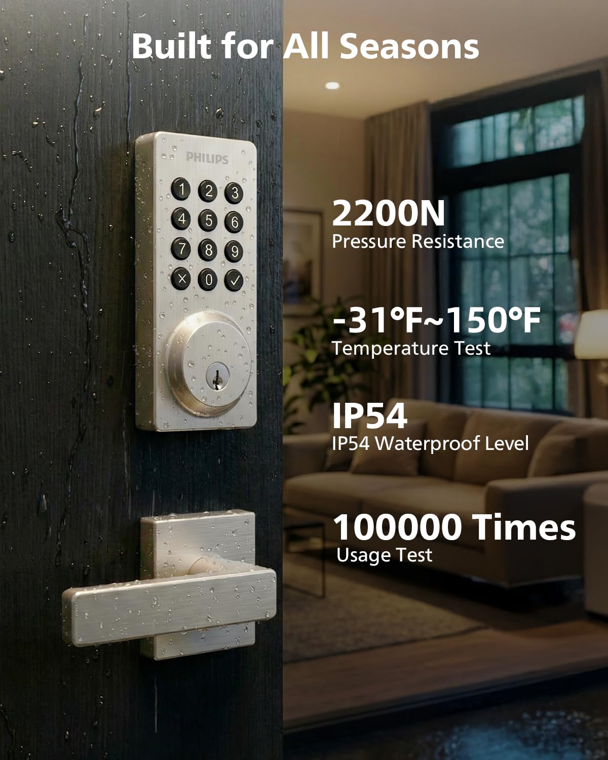 Philips WiFi Smart Door Lock with Handle, Built-in WiFi App Remote Control, Keyless Entry Door Locks for Front Door, Smart Deadbolt Auto Lock, Support Alexa & Google, IP54 Waterproof, Satin Nickel