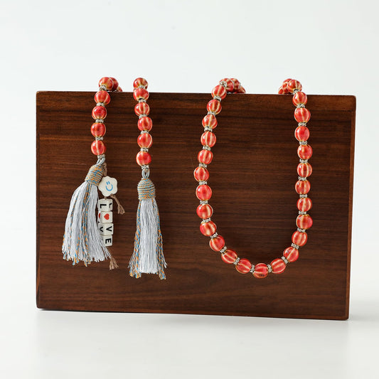 Handmade Bead Garland with Tassels - Farmhouse Rustic Prayer Bead String Wall Hanging Accent for Home Festival Decor.