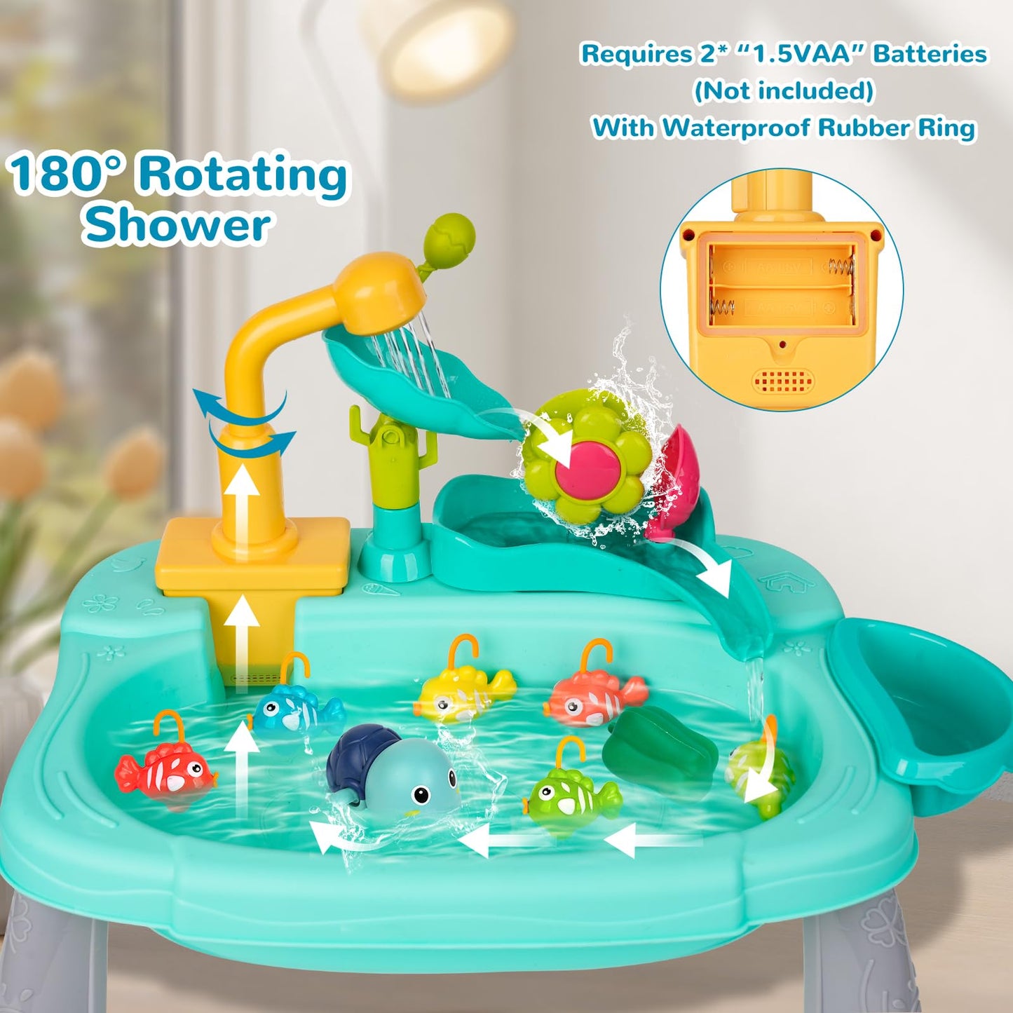 Mini Water Table for Toddler 1-3, Kids Play Sink with Running Water, Outdoor Toys for Kids Ages 4-8 with 360° Electric Faucet, Floating Fishing Game, Sensory Activity Kitchen Toy for Boys Girls