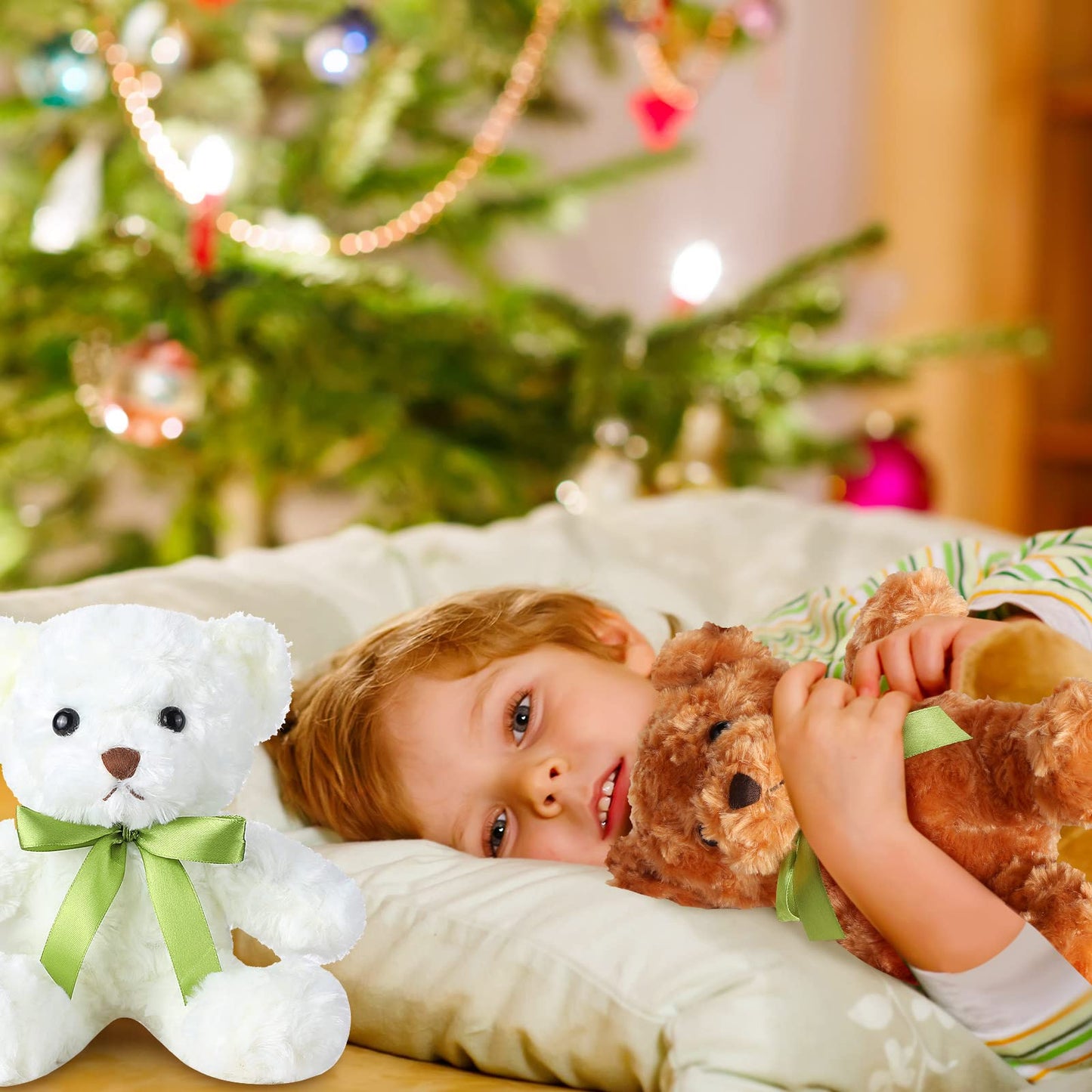 HyDren 24 Pcs Bear Bulk Plush Stuffed Animals 10 Inch Cute Soft Stuffed Bear with Green Bow for Kids Mother Birthday Gift Holiday Party Baby Shower Valentine Christmas(Light Brown, White)