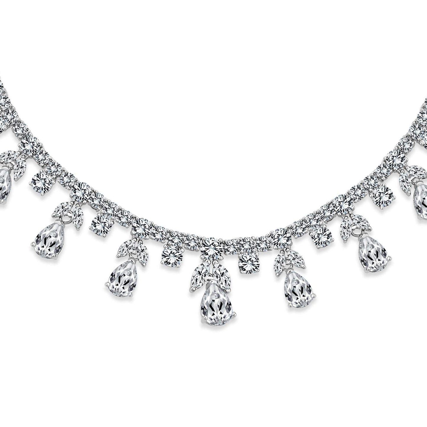 Vintage Estate Art Deco Style Design Bridal Jewelry Set Fashion Bridal Multi Teardrop AAA CZ Statement Spray Collar Necklace & Chandelier Dangle Earrings For Women Silver Plated