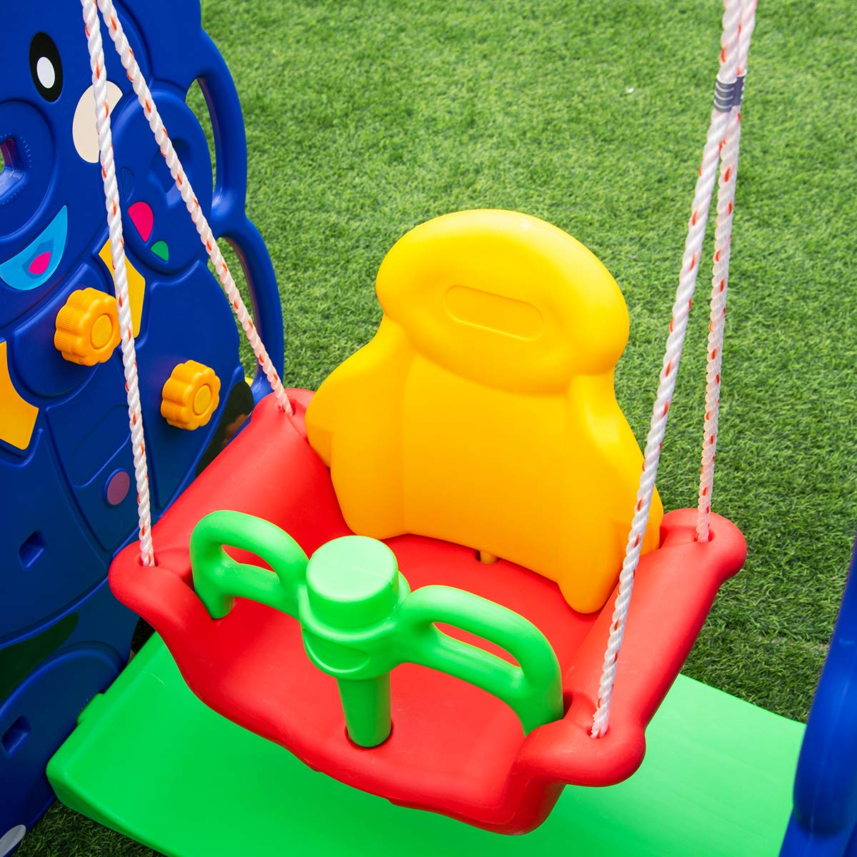 HONEY JOY Swing and Slide Set for Toddler, 4-in-4 Kids Play Climber Swing Playset w/Basketball Hoop, Extra Long Slide with Buffer Zone, Easy Setup Climb Stairs for Indoor Outdoor Games