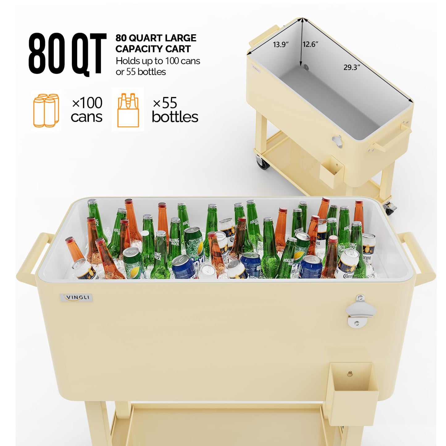 VINGLI 80 Quart Rolling Ice Chest, Portable Patio Party Bar Drink Cooler Cart, with Shelf, Beverage Pool with Bottle Opener (Beige)