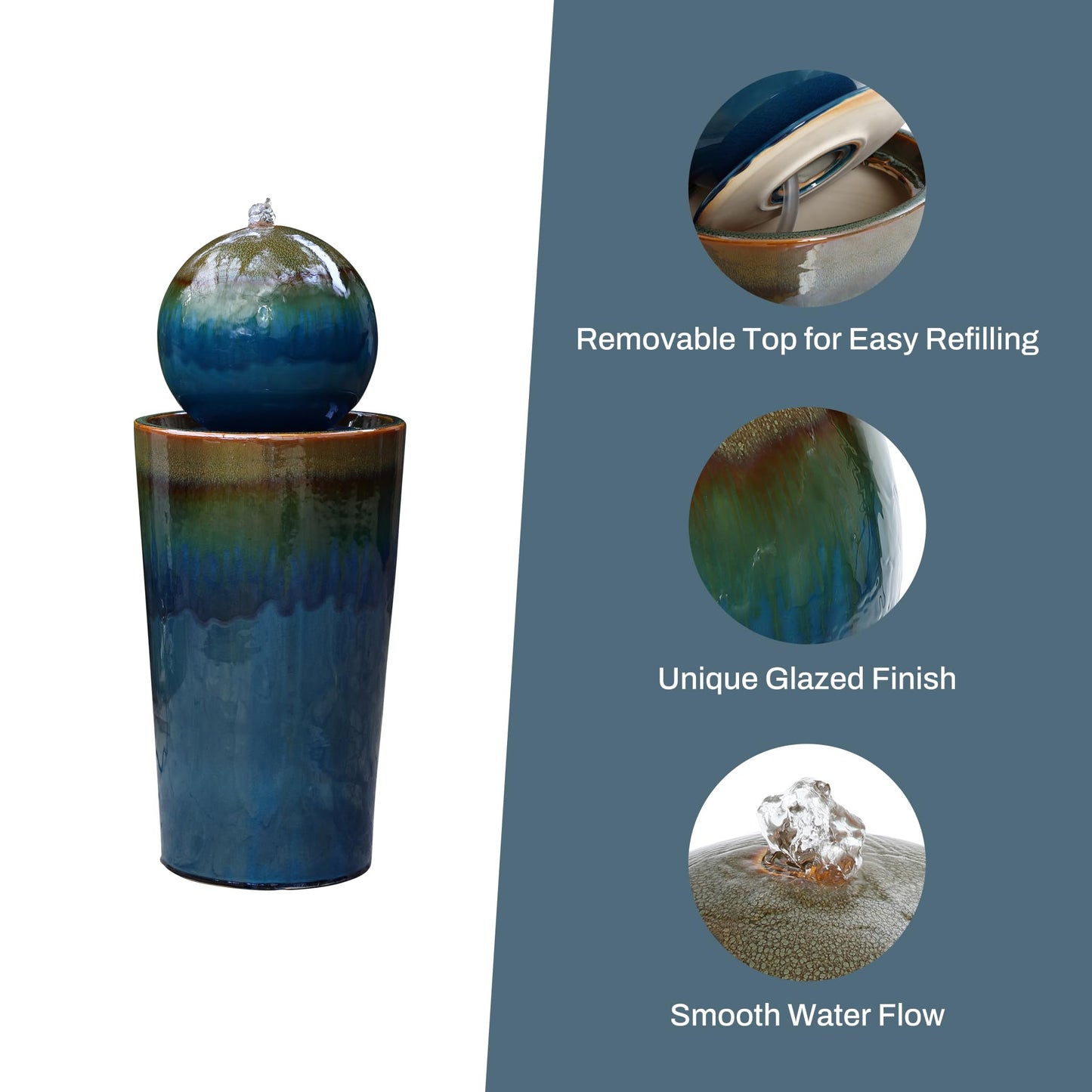 LuxenHome 30" Water Fountain Outdoor and Indoor, Glazed Blue Bubbling Sphere Ceramic Garden Outdoor Water Fountain, Elegant Modern Waterfall Garden Decor for Patio, Lawn, and Backyard