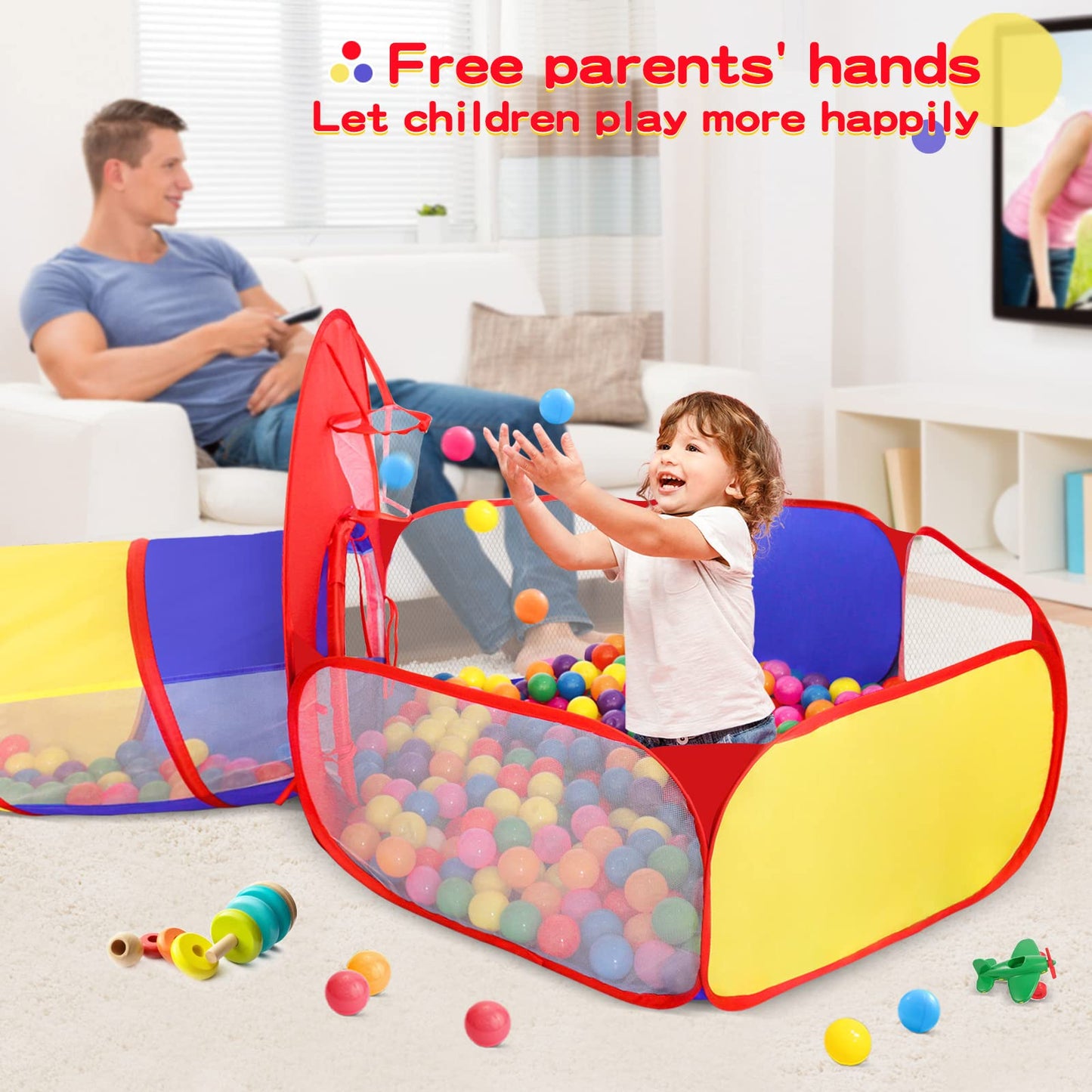 GeerWest 3 in 1 Kids Play Tent for Toddler with Baby Ball Pit and Play Tunnel, Children Indoor Outdoor Playhouse with Climbing Tunnel Toy for Toddlers, Boys and Girls Best Birthday Gifts（No Balls）