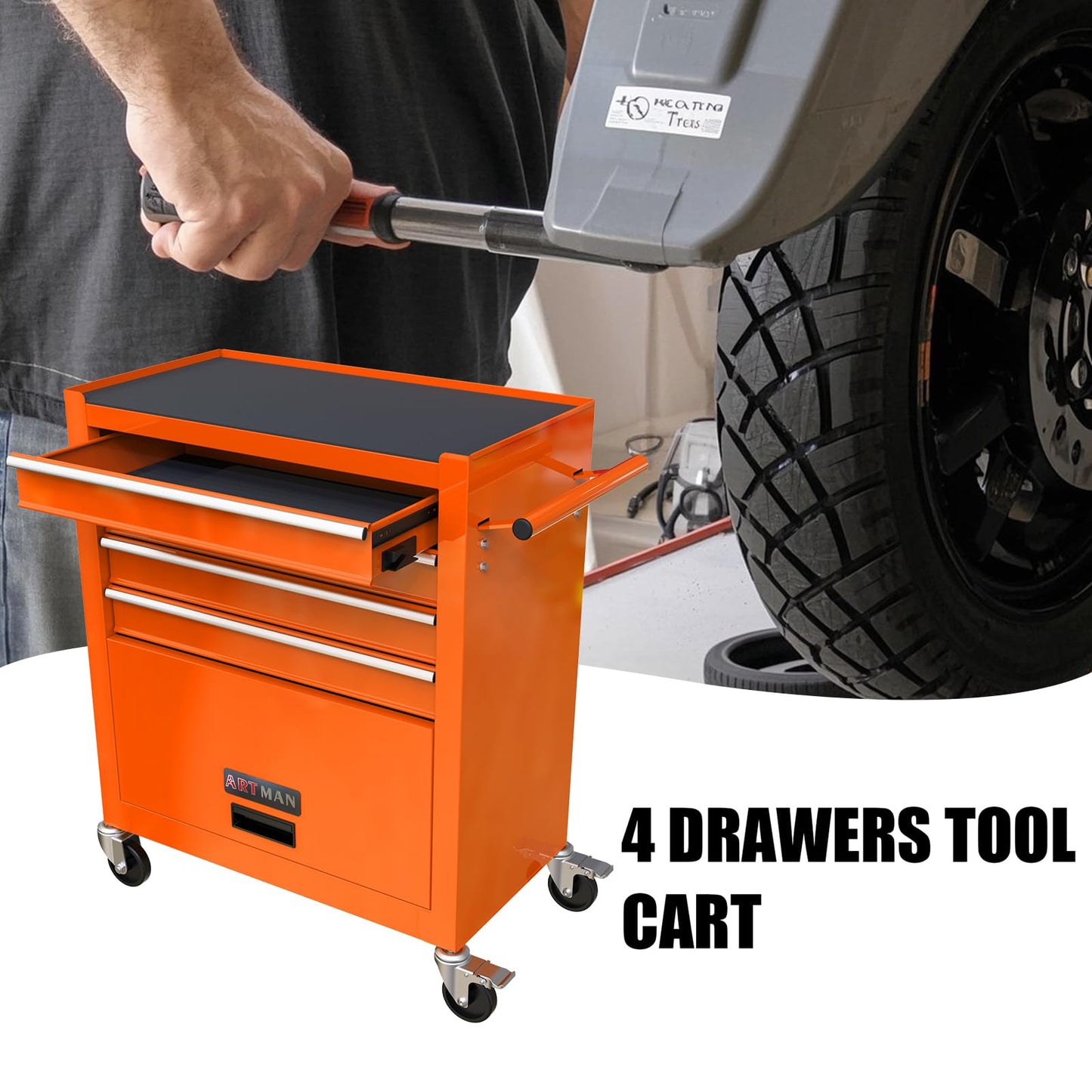 4-Drawer Heavy-Duty Rolling Tool Chest with Wheels, Steel Storage Organizer Cart with Handle, Metal Tool Cabinet for Garage, Workshop, and Repair Shop
