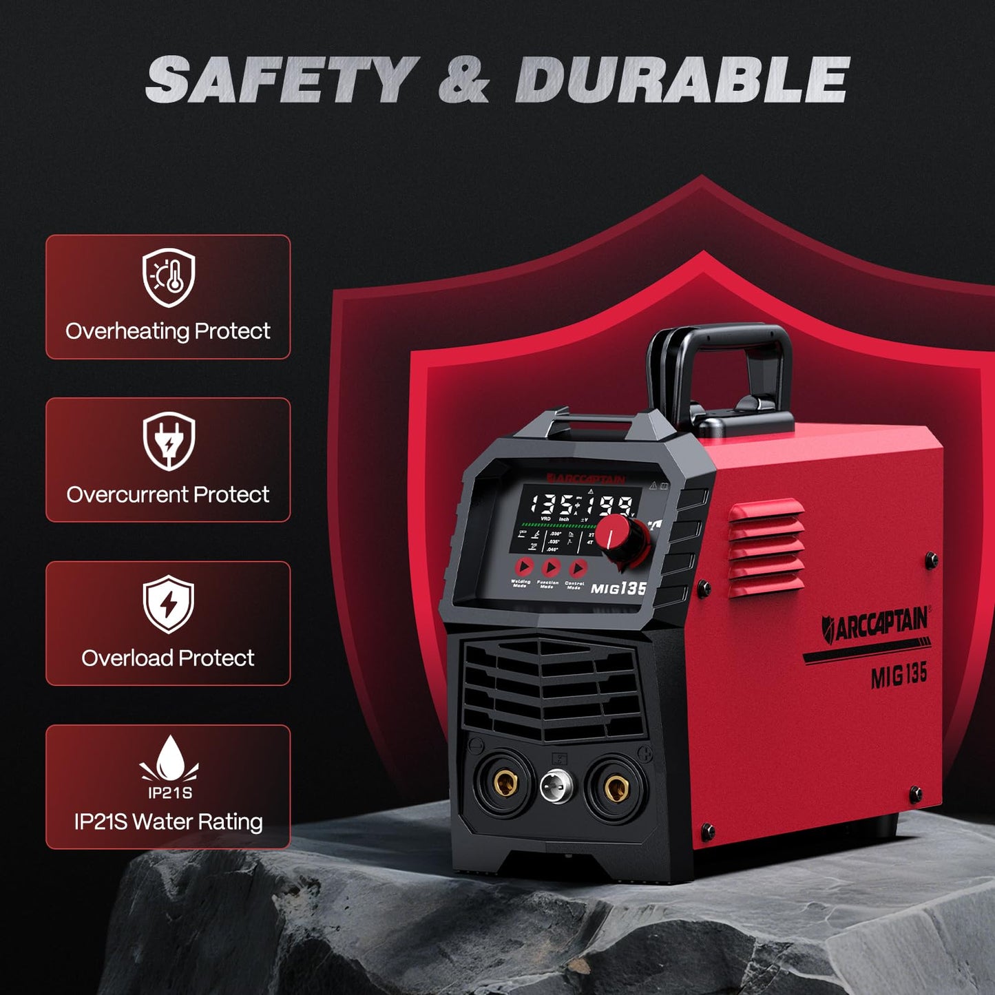 ARCCAPTAIN 135A MIG Welder, 2025 Newest [Large LED Display] 110V Welder Flux Core MIG, Lift TIG, Stick, 3 in 1 Welding Machine Gasless MIG Welder Machine 110V, IGBT Inverter Welder with Synergy, 2T/4T