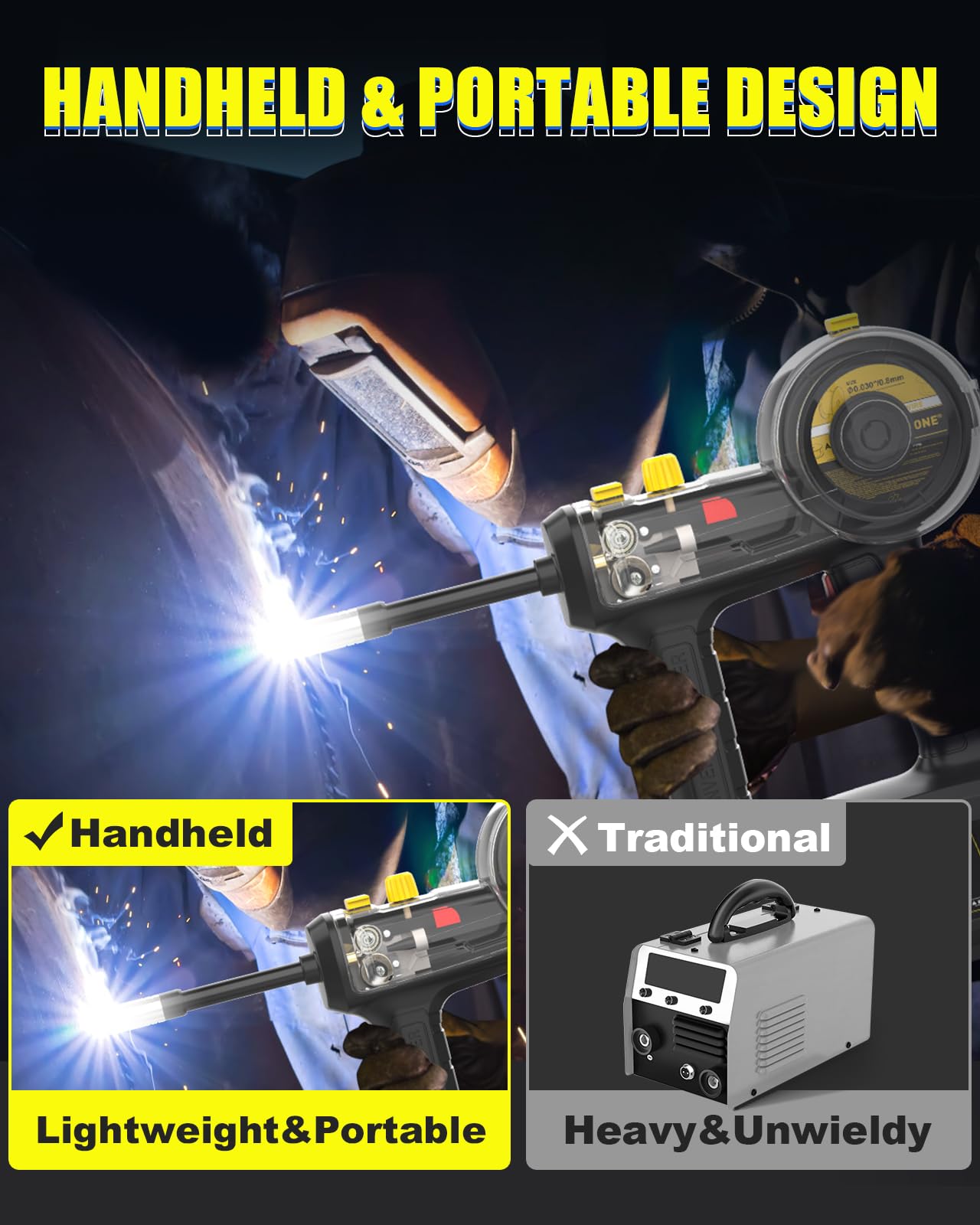 Hand Held MIG Welder Machine 110V, HIZONE 100A Flux Core Portable Welding Machine, Handheld Gasless Inverter Wire Feed Welding Equipment