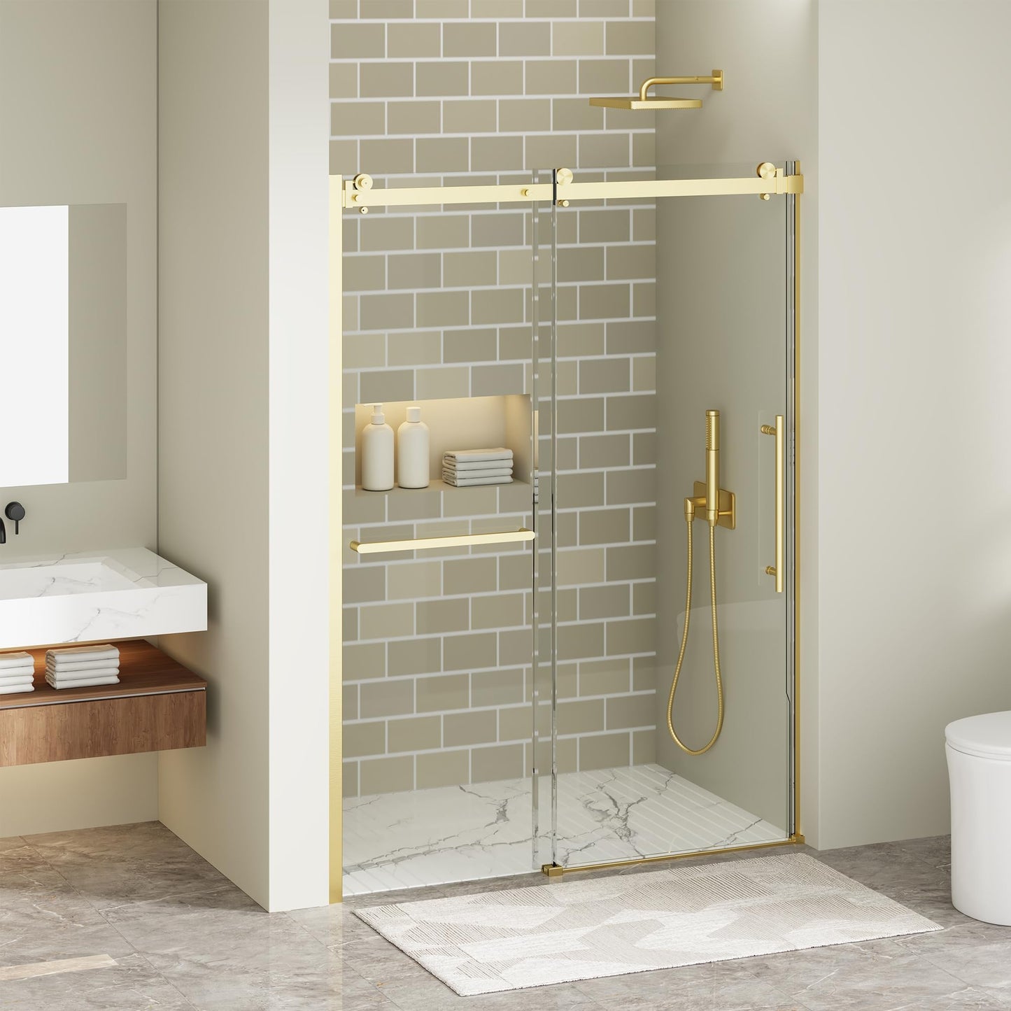 Findepot 56-60" W x 75" H Frameless Sliding Shower Door, Shower Glass Door with 1/4" Thick Tempered Glass, Explosion-Proof Film, Easy to Clean, Brushed Gold