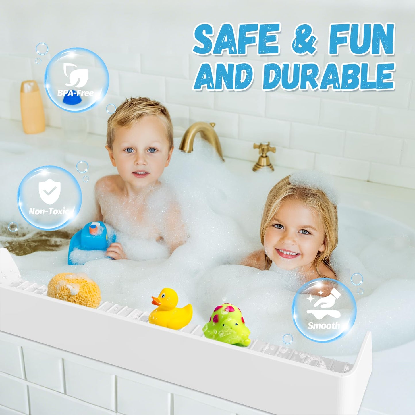Splash Guard for Bathtub Kids - Silicone Bathtub Splash Guard with 11 Suction Cups, Bath Tub Play Shelf for Kids & Toy Holder, Prevent Water Spill in Bathroom, Fun Bath Time for Toddlers Baby, White