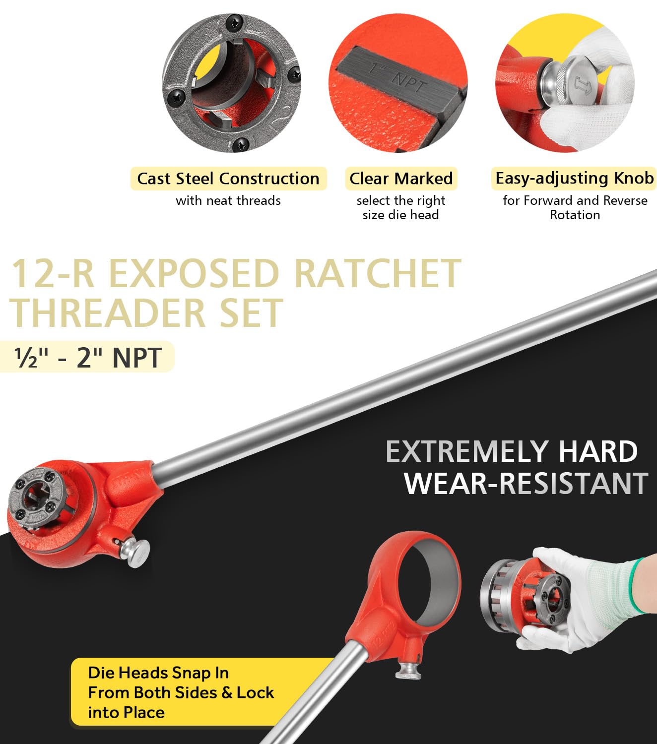 36475 12-R Manual Exposed Ratchet Pipe Threader Kit with 6 Dies, 1/2'' - 2'' NPT Ratcheting Pipe Threading Tool for 1/8" to 2" Plumbing Installation and Repair with Storage Case