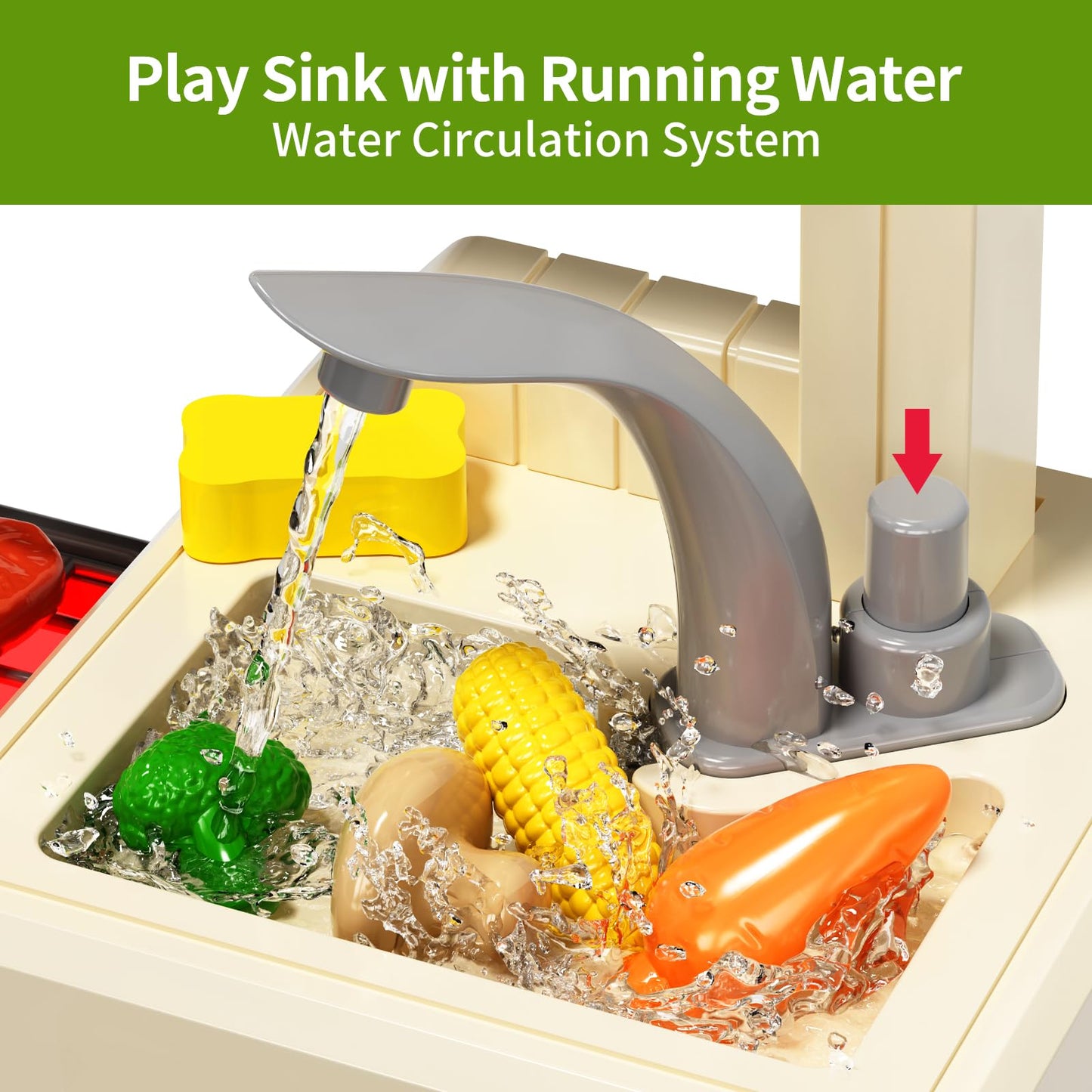 Pupu Pig Kids Kitchen Playset, Play Kitchen with Toy Stove, Grill, Sink, Play Food, ToyKitchen Accessories, Kitchen Interactive Play with Lights Sound Steam, Cooking Toys for Toddler Kid Gifts