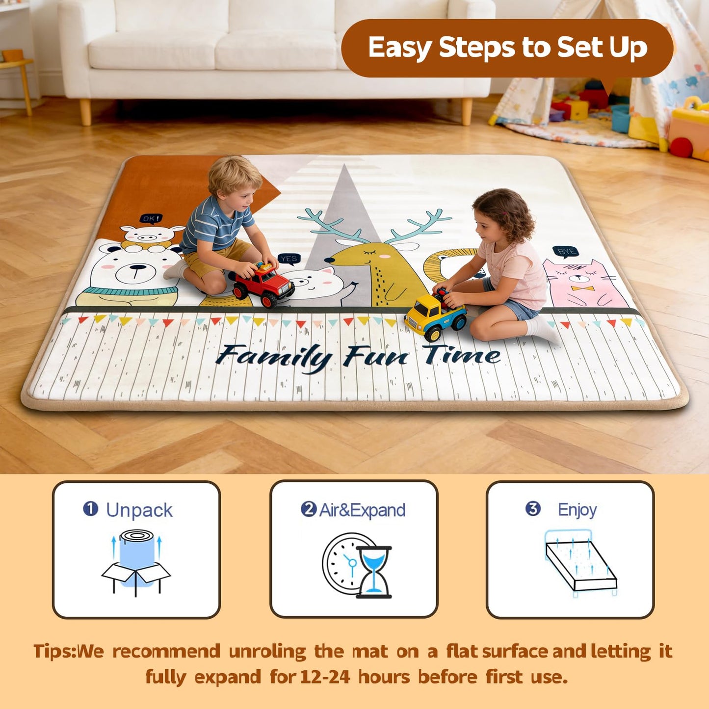 RONGFA Baby Play Mat for Floor, 71'' x 59'' Thicken Foam Padded Playmat for Tummy Time, Playpen Mat for Toddlers Infant Kids, Water-Repellent Coral Velvet, Non-Slip Bottom Safe for Crawling (Animal)