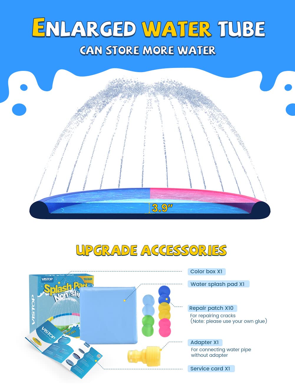 VISTOP Non-Slip Splash Pad for Kids and Dog, Thicken Sprinkler Pool Summer Outdoor Water Toys - Fun Backyard Fountain Play Mat for Baby Girls Boys Children or Pet Dog (97 inch, Red&Yellow&Green&Blue)