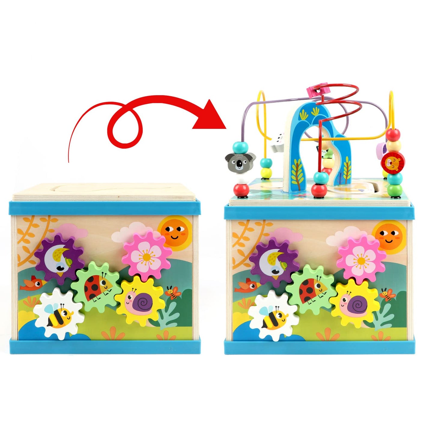Qilay Wooden Activity Cube for Toddlers, 5 in 1 Multipurpose ABC-123 Abacus Early Educational Montessori Toys, Learning Toys for 3 Year Old | Bead Maze, Great for Boys Girls