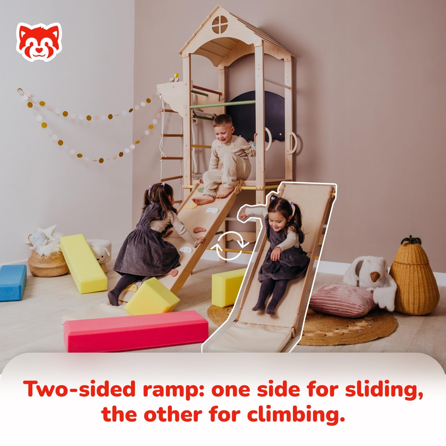 Wood And Hearts Indoor Wooden Climbing Complex, Indoor Jungle Gym for Kids Ages 3-8, Indoor Climbing Gym (Mini Tower Playset)