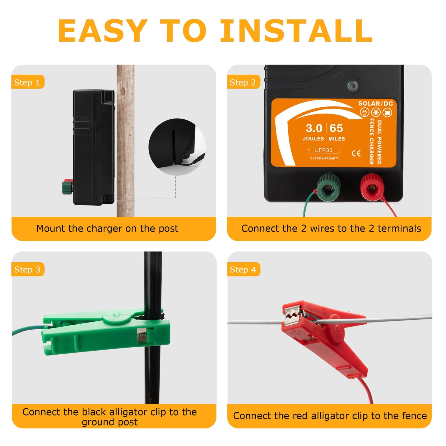 Electric Fence Charger 3 Joule AC DC Solar Powered 65 Miles 200 Acres, Output Voltage Max 10.4 kV, No Adapter Included, for Livestock, Preventing Predators from Intruding