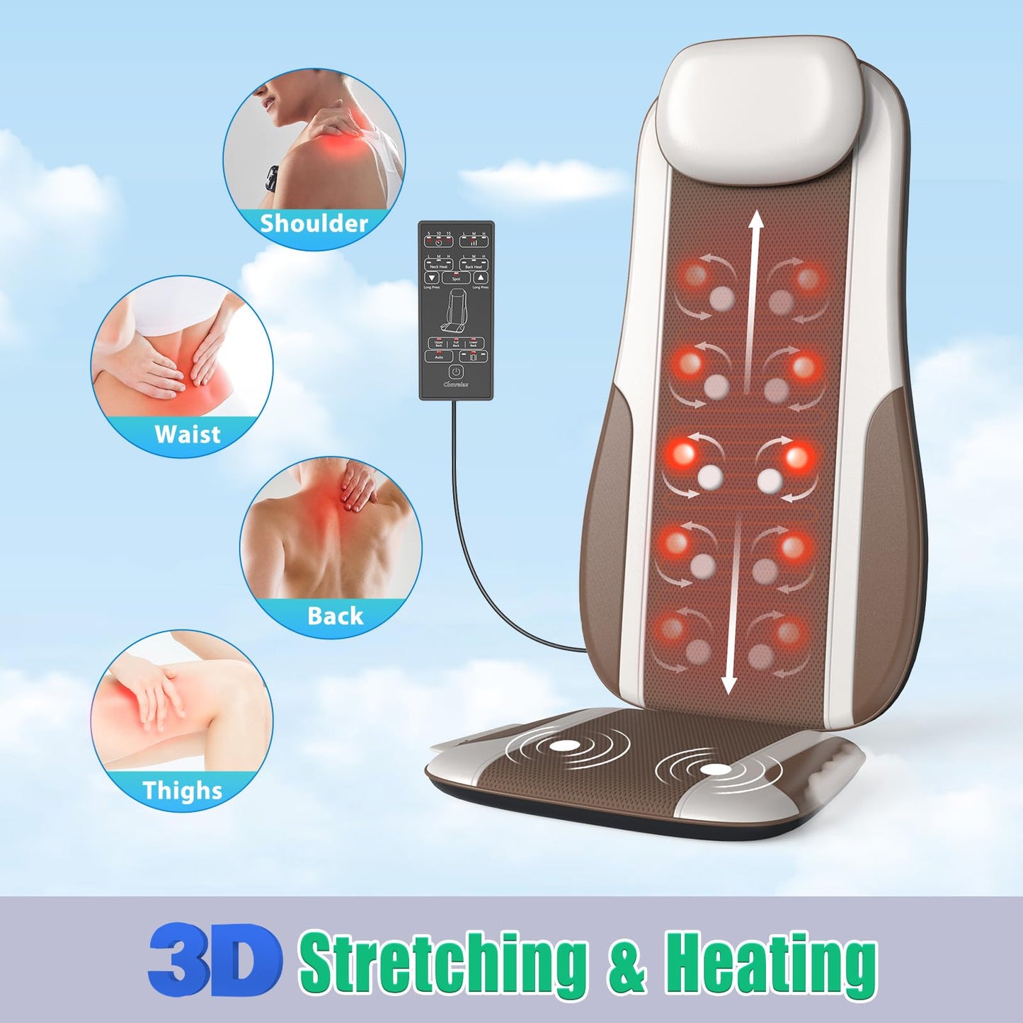 comrelax Shiatsu Back Massager with Heat, Massage Chair Pad Seat Cushion for Stress Relief, Deep Tissue Kneading & Roller, 2 Vibration Motors, Back Waist Hip Massager, PU Leather, with 2 Adapters