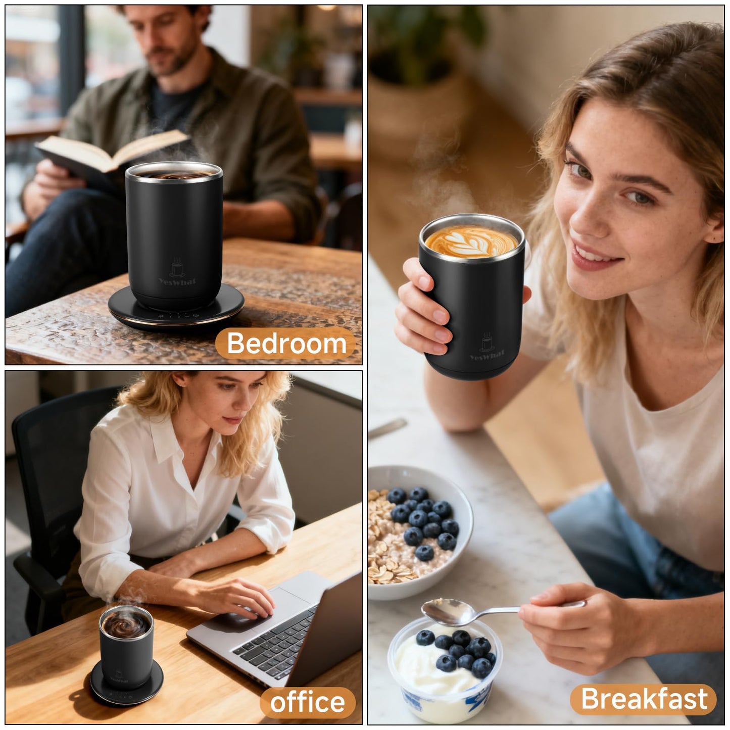 Temperature Control Self Stirring Coffee Mug with Lid, Automatic Heated Coffee Milk Cocoa Cup, Black 11 oz Smart Stainless Steel Mug Warmer with USB Type-C