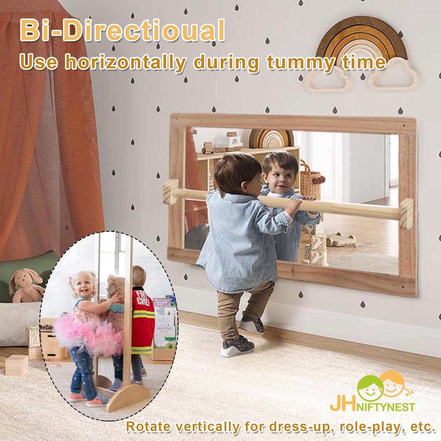 JHNIFTYNEST Infant Coordination Mirror Montessori Safety Pull up Bar Baby MirrorAcrylic Non-Glass Early Learning to Walk Mirror Upgrade Dual-Use with Base for Lengthened Version Hanging Toys 59.05”
