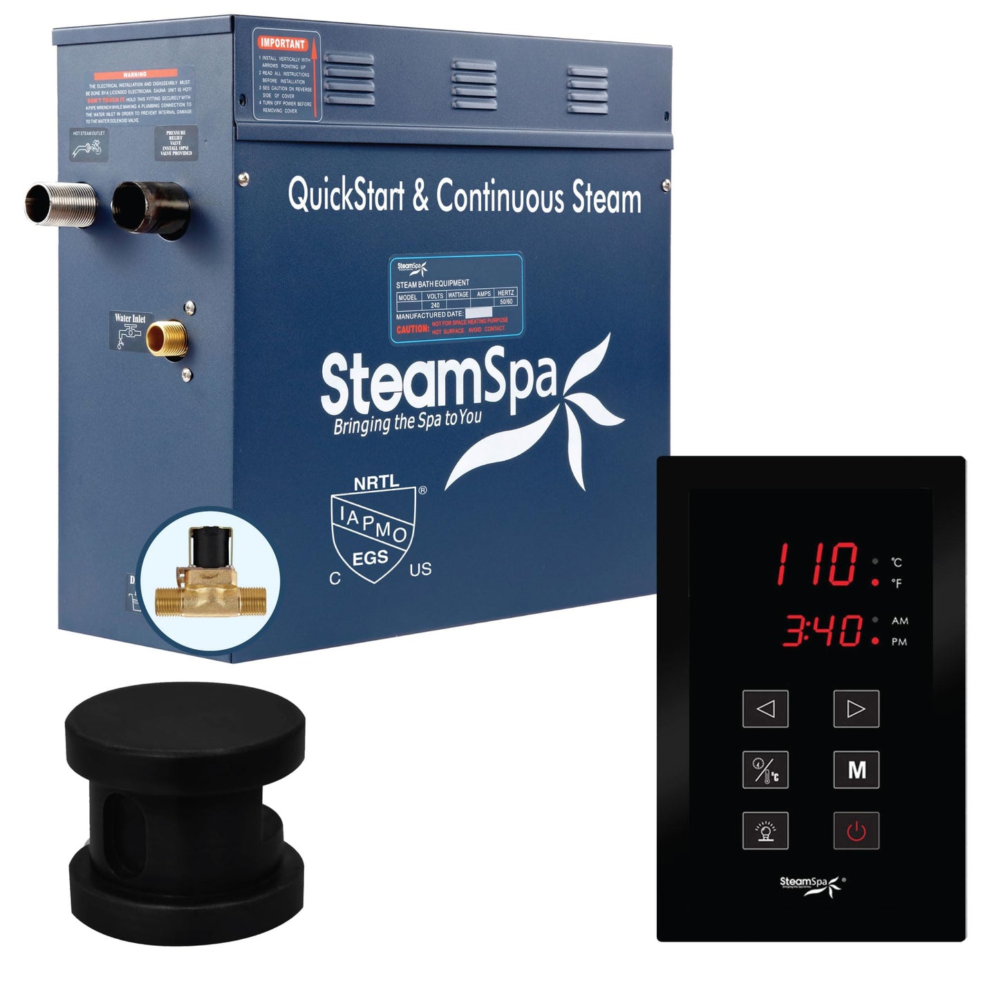 STEAMSPA 9kW Steam Sauna Generator Sentry Series 240V Steam Generator with Touch Screen, Steamhead, Built-in Steam Shower Auto Drain, ACU Quickstart Steam Bath Generator (Black)