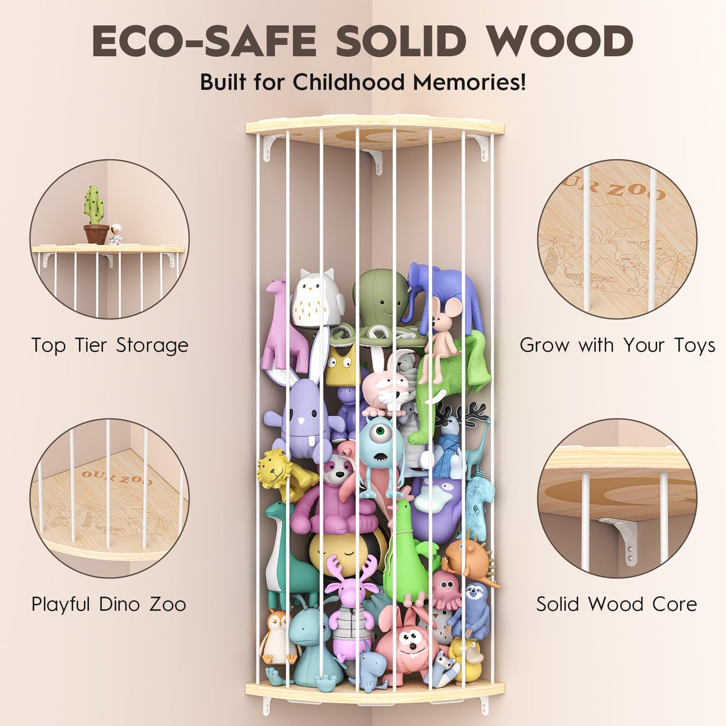 Zayysoha Corner Stuffed Animal Storage Zoo, Large Adjustable Solid Wood Plush Toy Organizer, Hanging Stuffie Holder Shelf & Cage with Engraved Dinosaur Star Moon for Kids Nursery Playroom