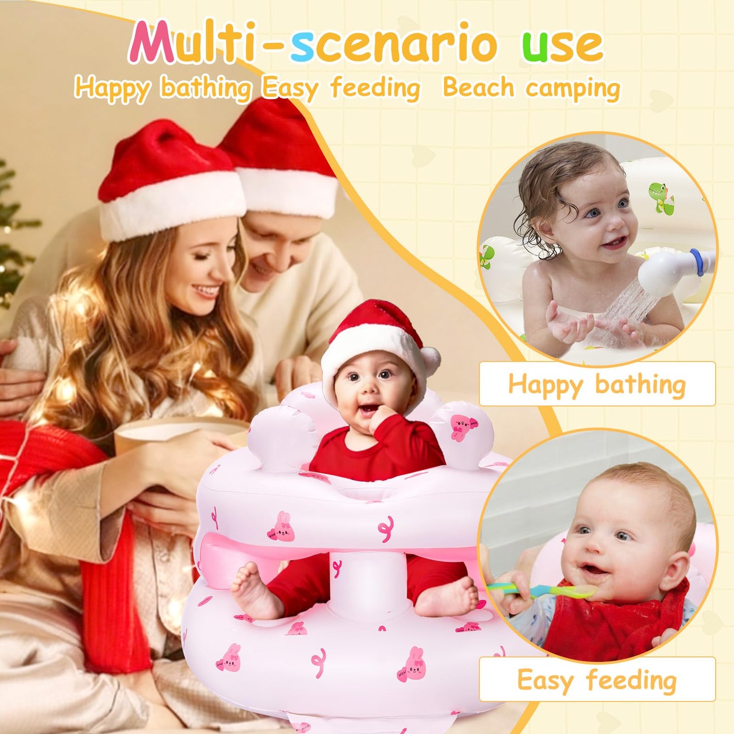 Inflatable Baby Seat for Babies 3-36 Months，[Squeaky Sound & Anti-Fall Design] Inflatable Chair with Sound-Making Ears, Baby Seat for Sitting-Up Practice, Built-in Air Pump (Pink Bunny)