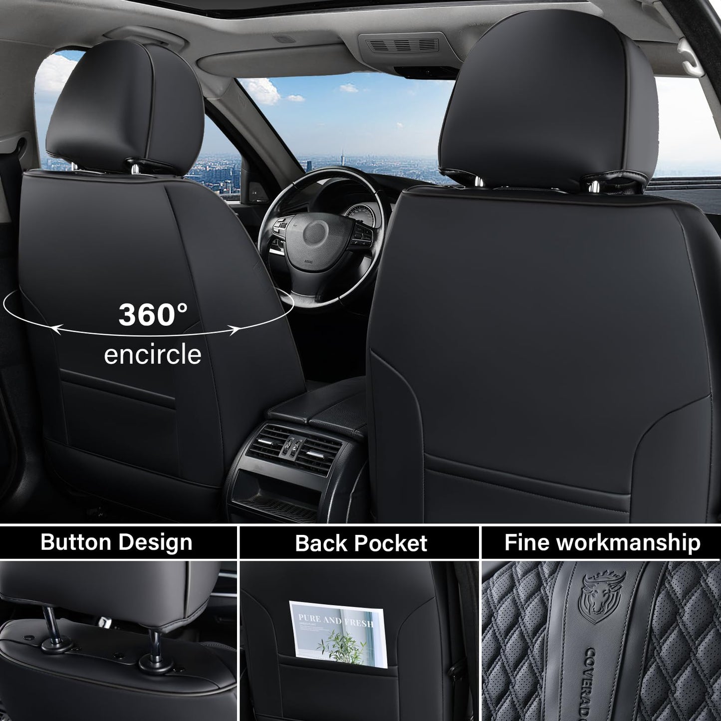 Coverado Car Seat Covers Full Set, Black Seat Covers for Car with Lumbar Support, Nappa Leather Seat Covers Waterproof Car Seat Protectors Universal Fit for Most Cars SUV Trucks