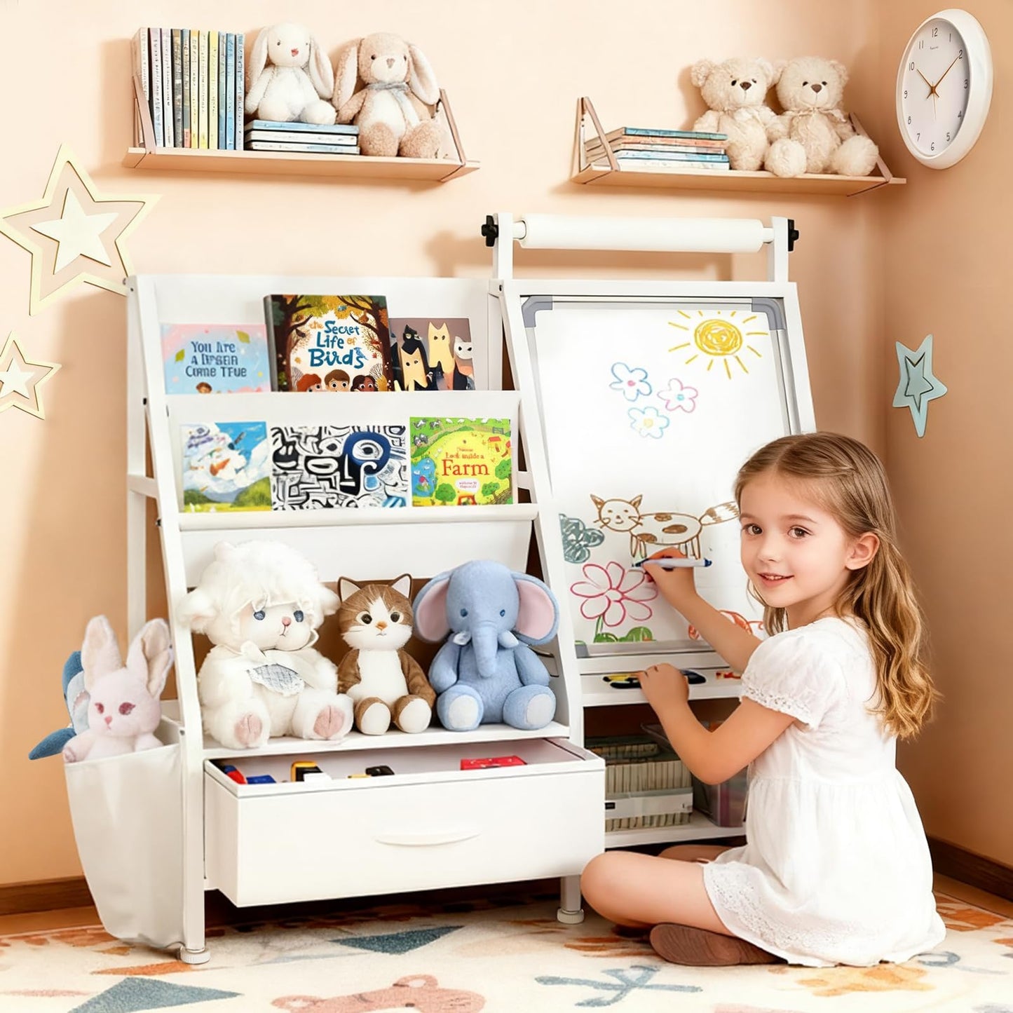 Faesun 4-in-1 Art Easel for Toddlers with Bookshelf and Toy Organizer, Kids Drawing Easel with Paper Roll & Magnetic Whiteboard, Birthday Gift for Ages 2–8, Boys & Girls