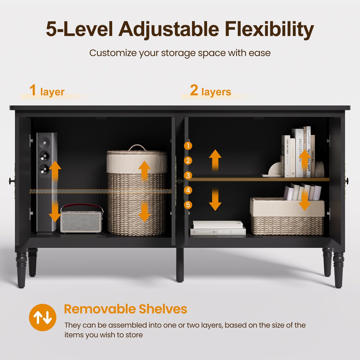 FansaFurn Console Table, 58'' Mid Century Modern Pantry Cabinet, Wood Buffet Sideboard, Media Credenza with 4 Doors, Accent Storage for Entryway, Living Room, Bedroom, Dining Room (Black)