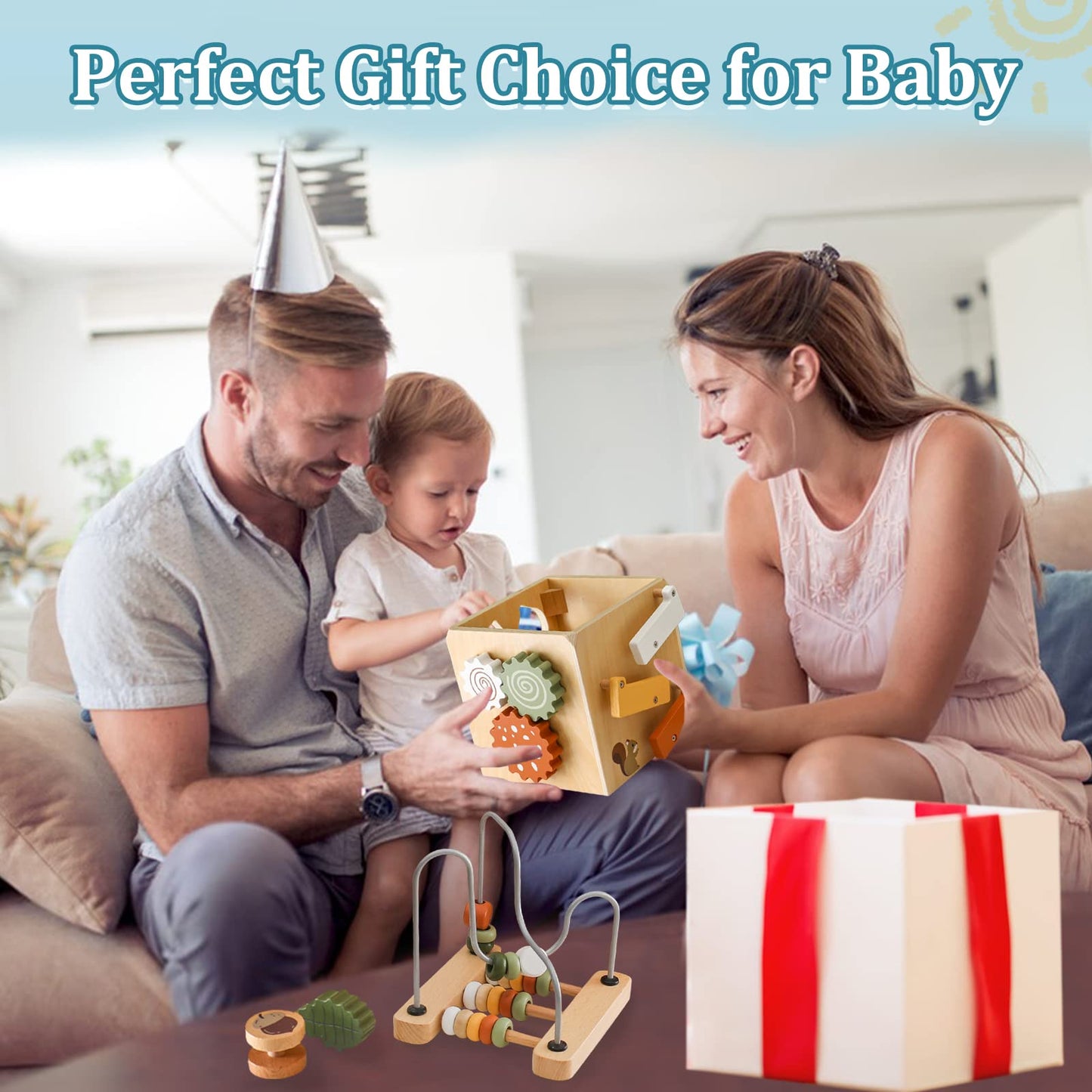 Smartwo Wooden Kids Baby Activity Cube - Boys Gift Set | One 1, 2 Year Old Boy Girl Gifts Toys | Developmental Toddler Educational Learning Boy Toys 12-18 Months | Bead Maze, First Birthday Gift