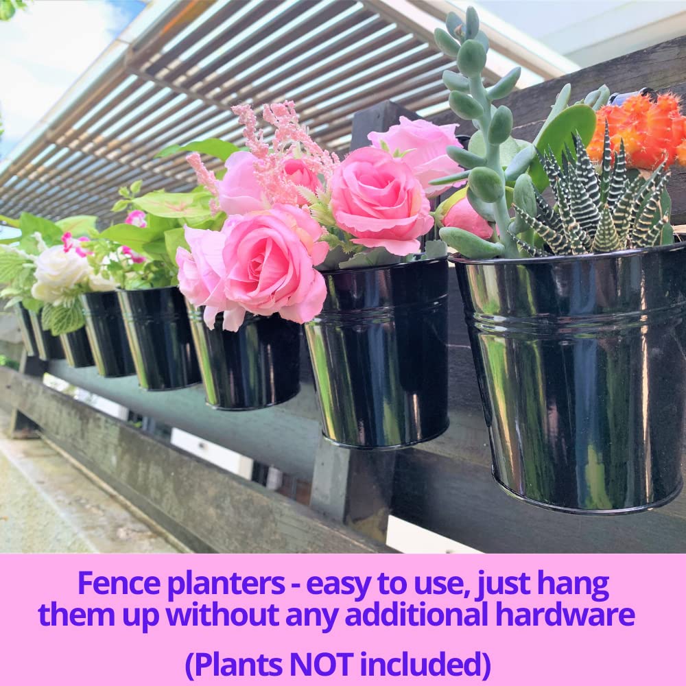 LaLaGreen Railing Planter 10 Pack, 6 Inch Hanging Flower Pot Black, Outdoor Large Metal Iron Fence Bucket, Balcony Garden Wall Deck Porch Patio Rail Decor Hanger Hook Farmhouse Balcony 6'''' (15cm)