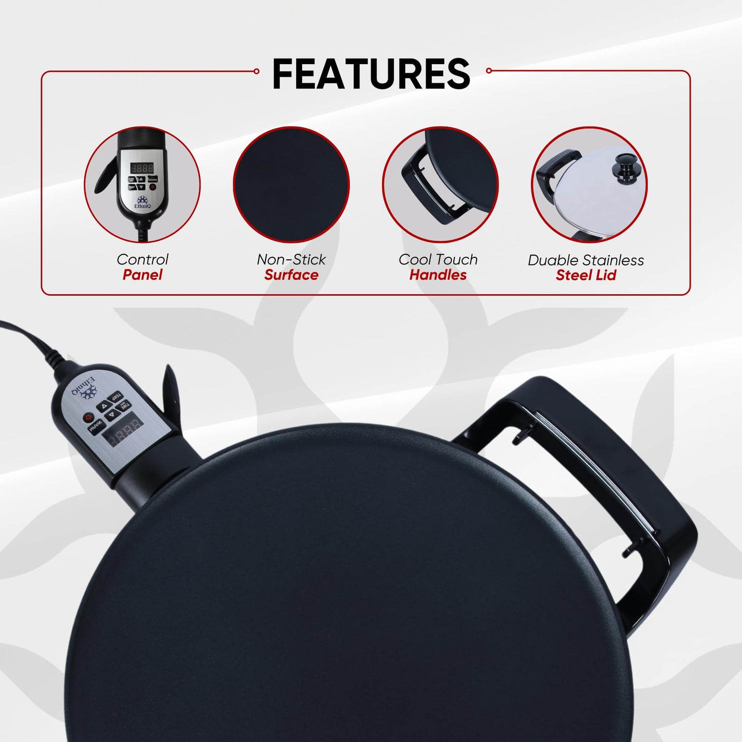 Ethniq 16" Electric Griddle for Ethiopian Injera, Somalian Anjero, Crepe, Lefse, Mogogo, Mitad, Pancake Teff Maker - Adjustable Digital Heat Control - Non-Stick Surface - Even Heat Distribution