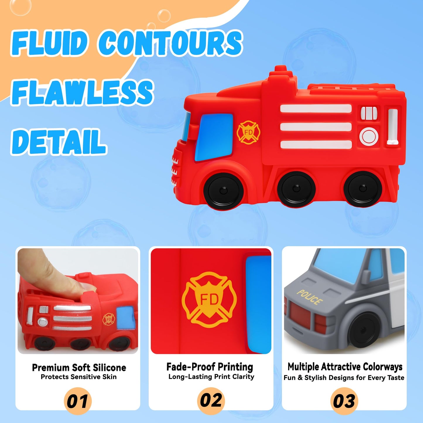 Mold Free Bath Toys with Mesh Storage Organizer, 6 Packs No Hole Baby & Toddler Bathtub Toys: Water Floating Vehicles Truck School Bus Car Toys, Sealed Soft Silicone Rubber Bath Toys for Kids Ages 0+