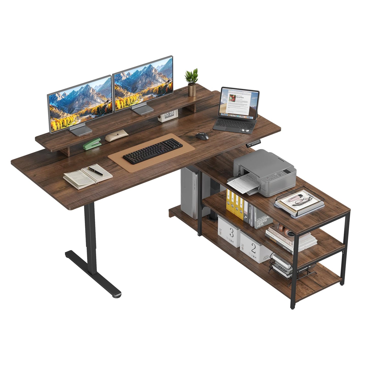 Lefurture Standing Desk with File Cabinet, 55x24'' L Shaped Electric Stand Up Desk with Adjustable Monitor Shelf, Adjustable Height 28-46'' for Home and Computer Workstation, Walnut