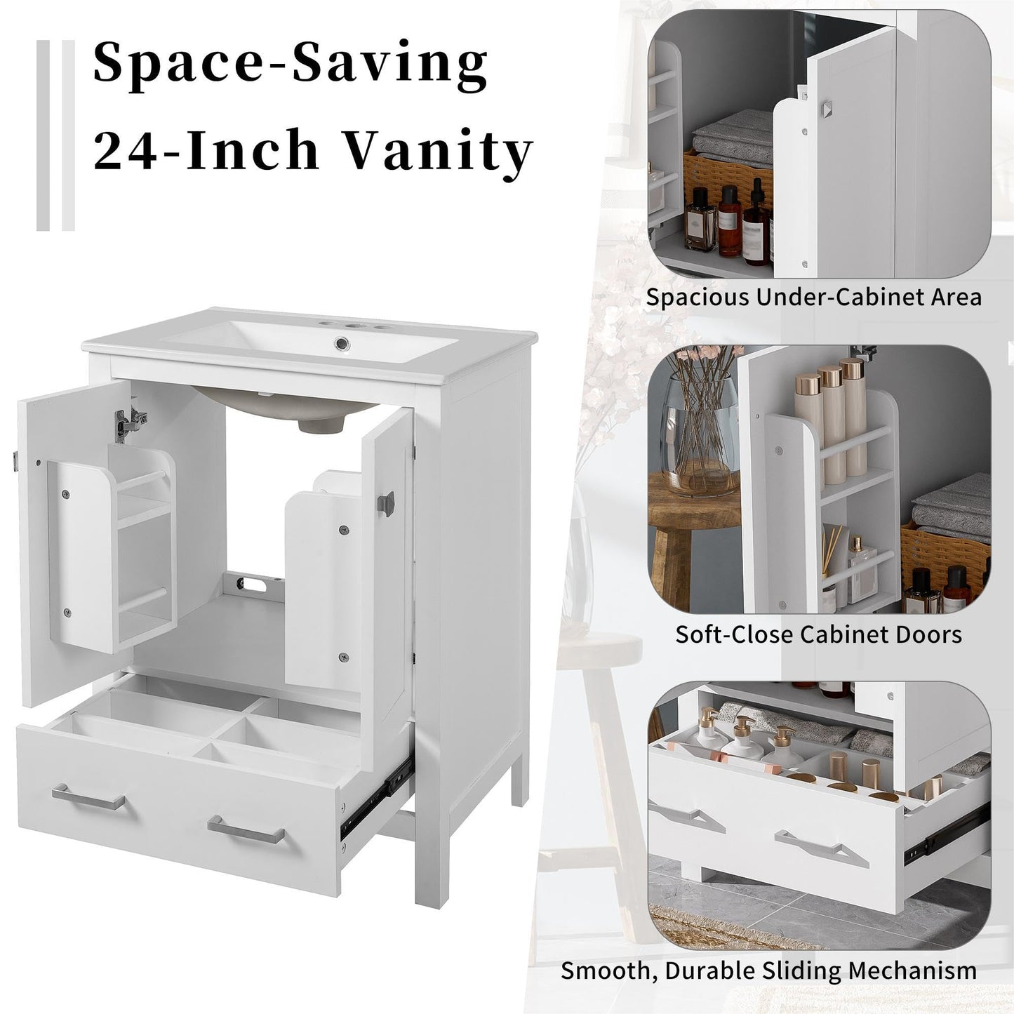 Favfurish 48" Bathroom Vanity with Ceramic Double Sink, Undermount Double Basin Vanity Set w/2 Divided Drawers and 4 Double-Layer Soft Close Doors & Built-in Shelf, Freestanding Storage Cabinet,White