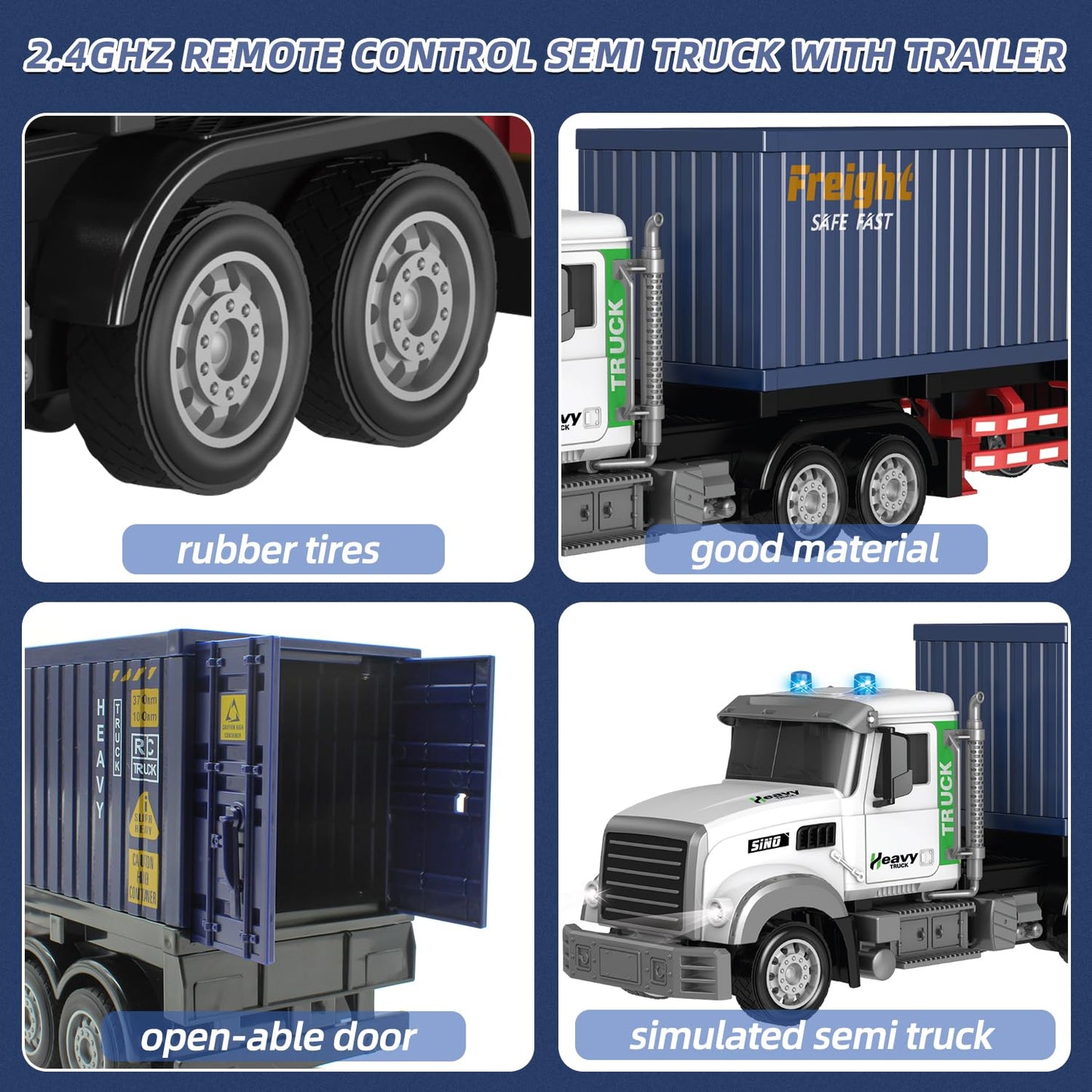 Mostop RC Semi Truck with Trailer, 23.6 Inch Remote Control Semi Truck Toy for Kids 3-8, 1:24 Scale Container Carrier Transport Vehicle with 2 Batteries, LED Lights & Sounds, Birthday Gift for Boys
